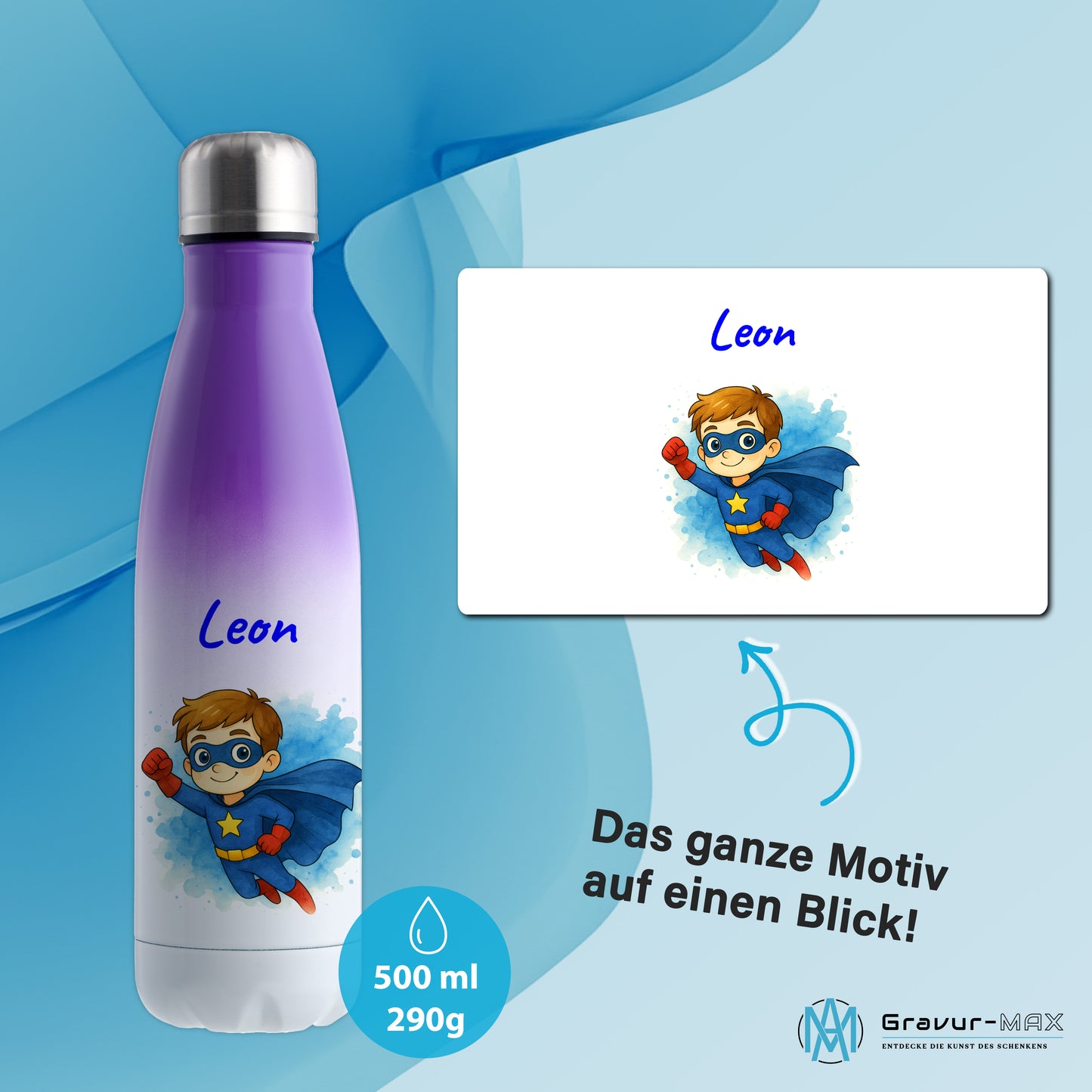 Thermoflasche 500ml in Weiß/Violett bedruckt mit tollen Motiven für Kinder "Superheld" personalisierbar mit Wunschname