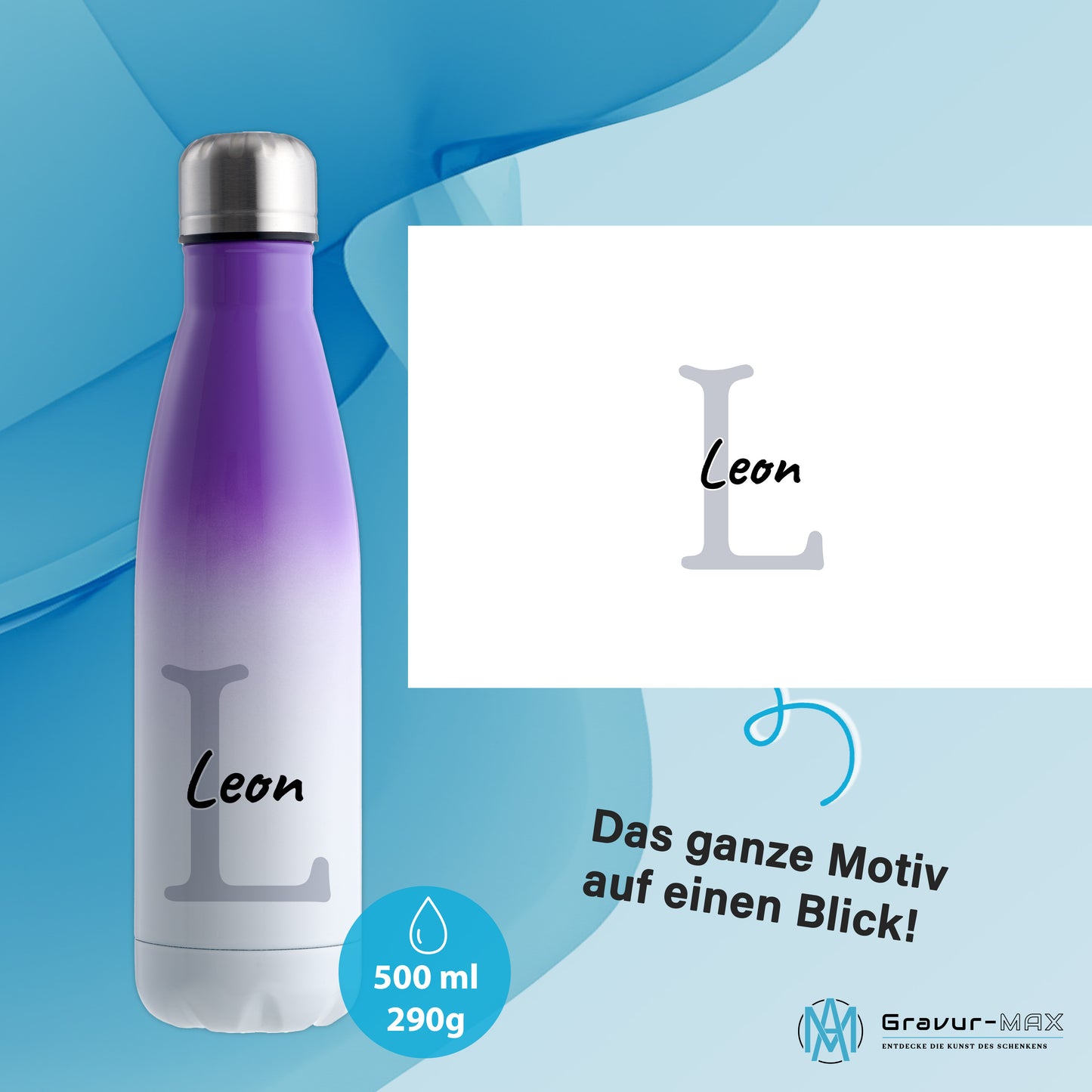 Thermoflasche 500ml aus Edelstahl in Weiß/Violett personalisierbar mit Wunschname auslaufsichere Trinkflasche