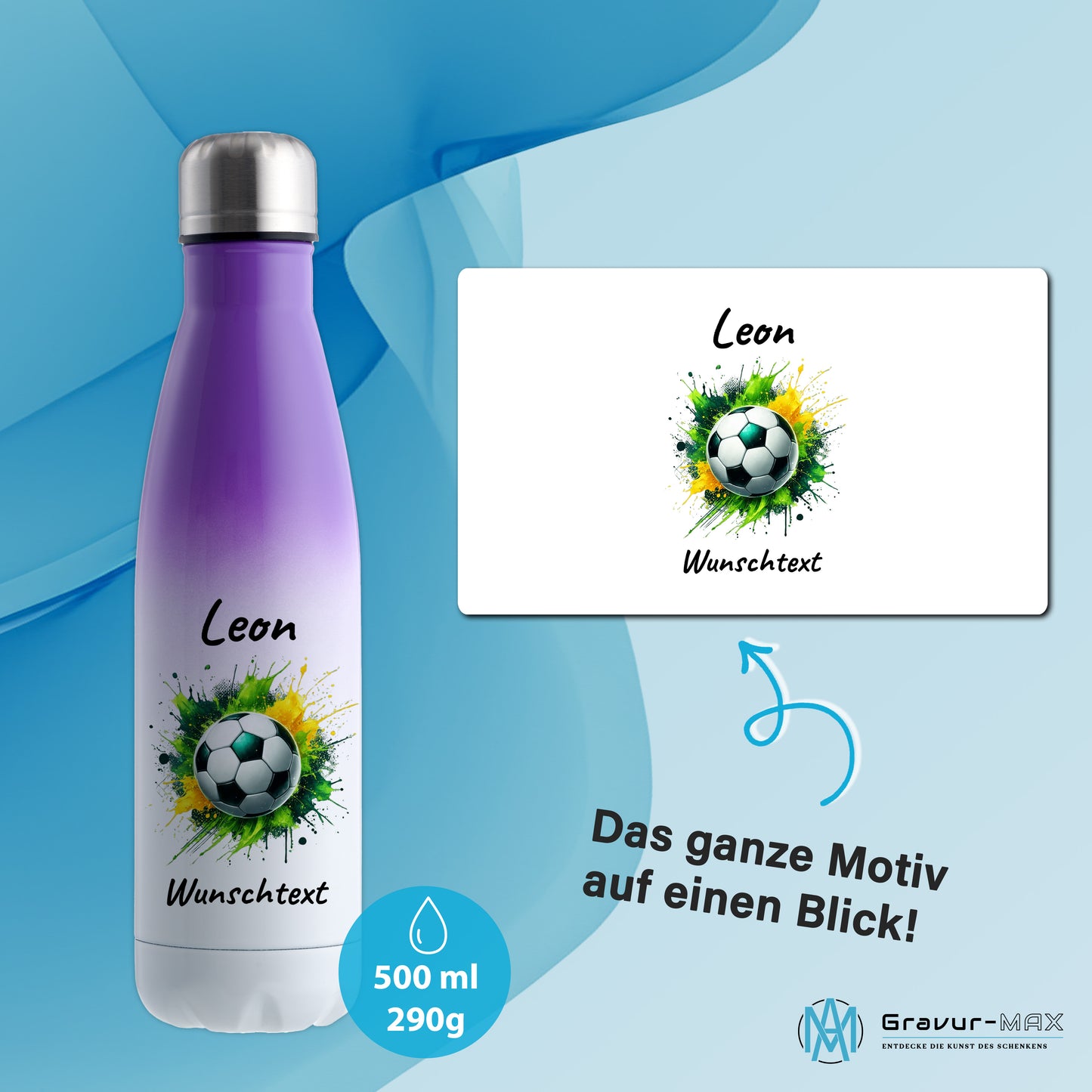 Thermoflasche 500ml in Weiß/Violett aus Edelstahl bedruckt "Fußball" Motiv11 personalisierbar mit Wunschname & Text