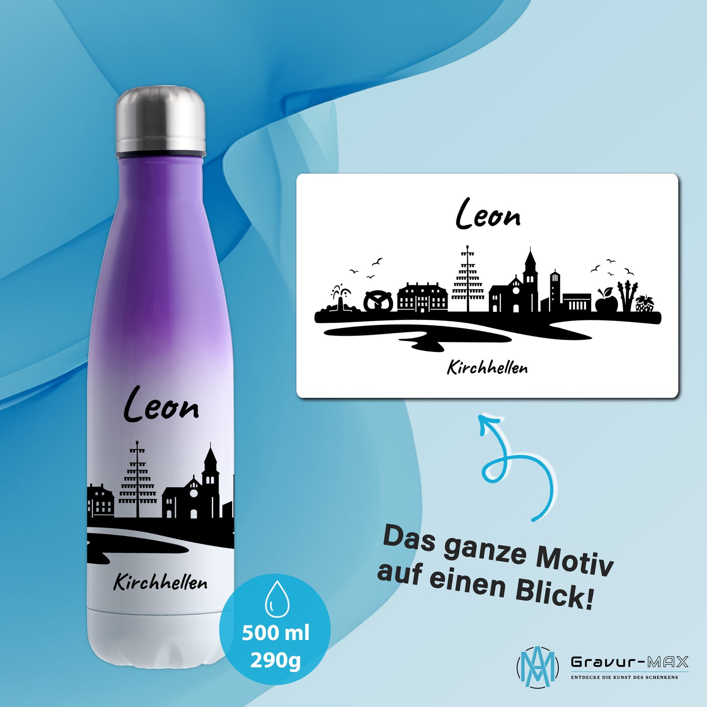 Trinkflasche in Weiß/Violett 500ml aus Edelstahl bedruckt mit der Skyline von Kirchhellen personalisierbar mit Wunschname