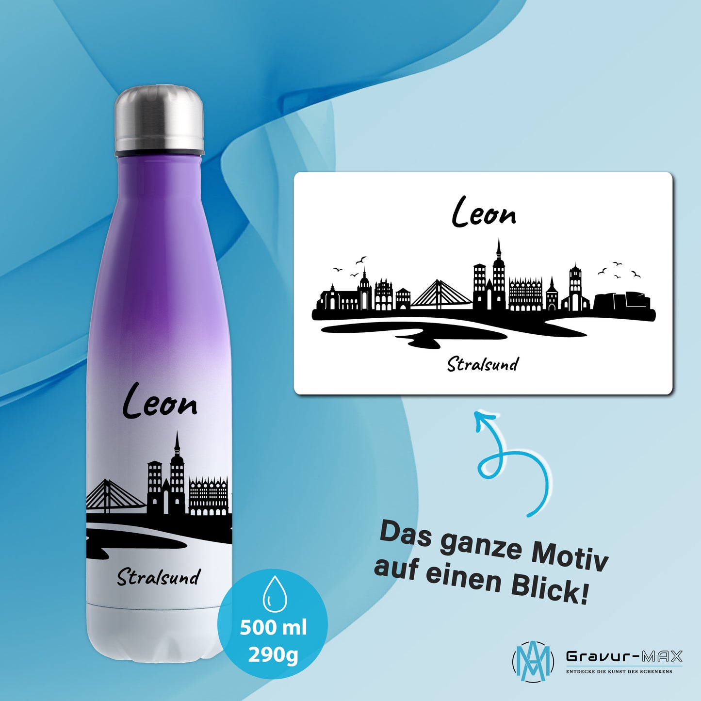Trinkflasche in Weiß/Violett 500ml aus Edelstahl bedruckt mit der Skyline von Stralsund personalisierbar mit Wunschname