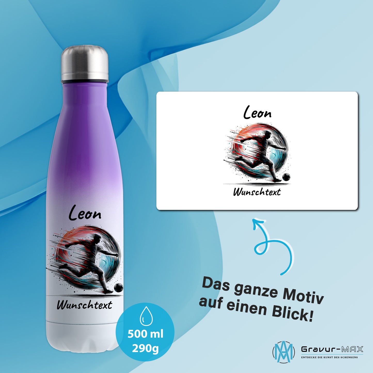 Thermoflasche 500ml in Weiß/Violett aus Edelstahl bedruckt "Fußball" Motiv3 personalisierbar mit Wunschname & Text