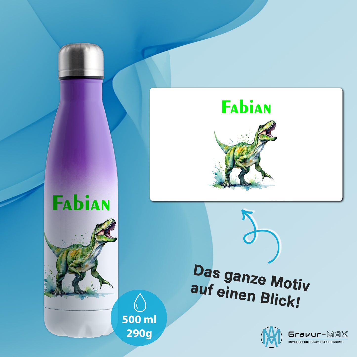 Thermoflasche 500ml in Weiß/Violett bedruckt mit tollen Motiven für Kinder "Dino T-Rex" personalisierbar mit Wunschname