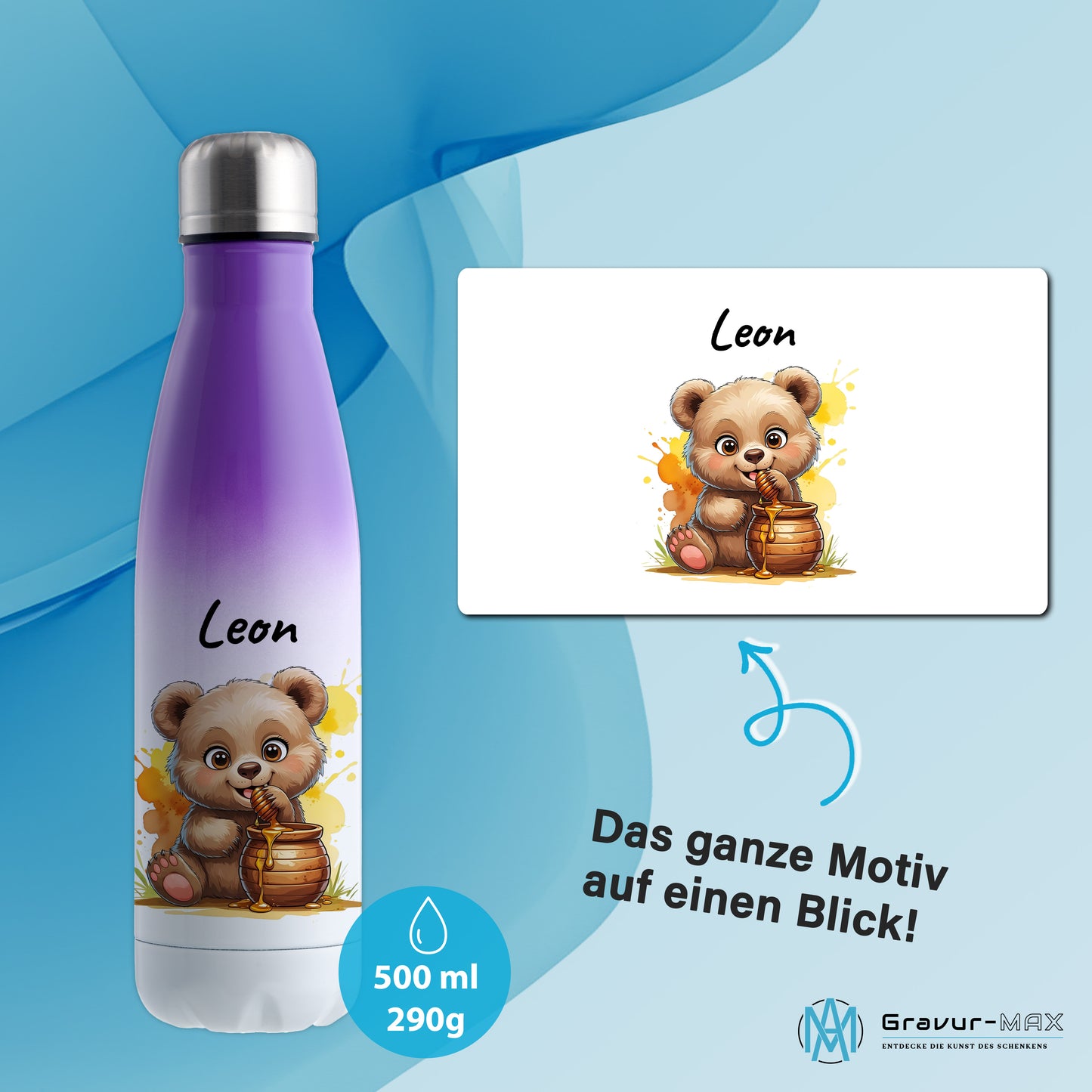 Trinkflasche in Weiß/Violett 500ml aus Edelstahl bedruckt mit niedlichen Tieren "Bär" personalisierbar für Kinder mit Wunschname