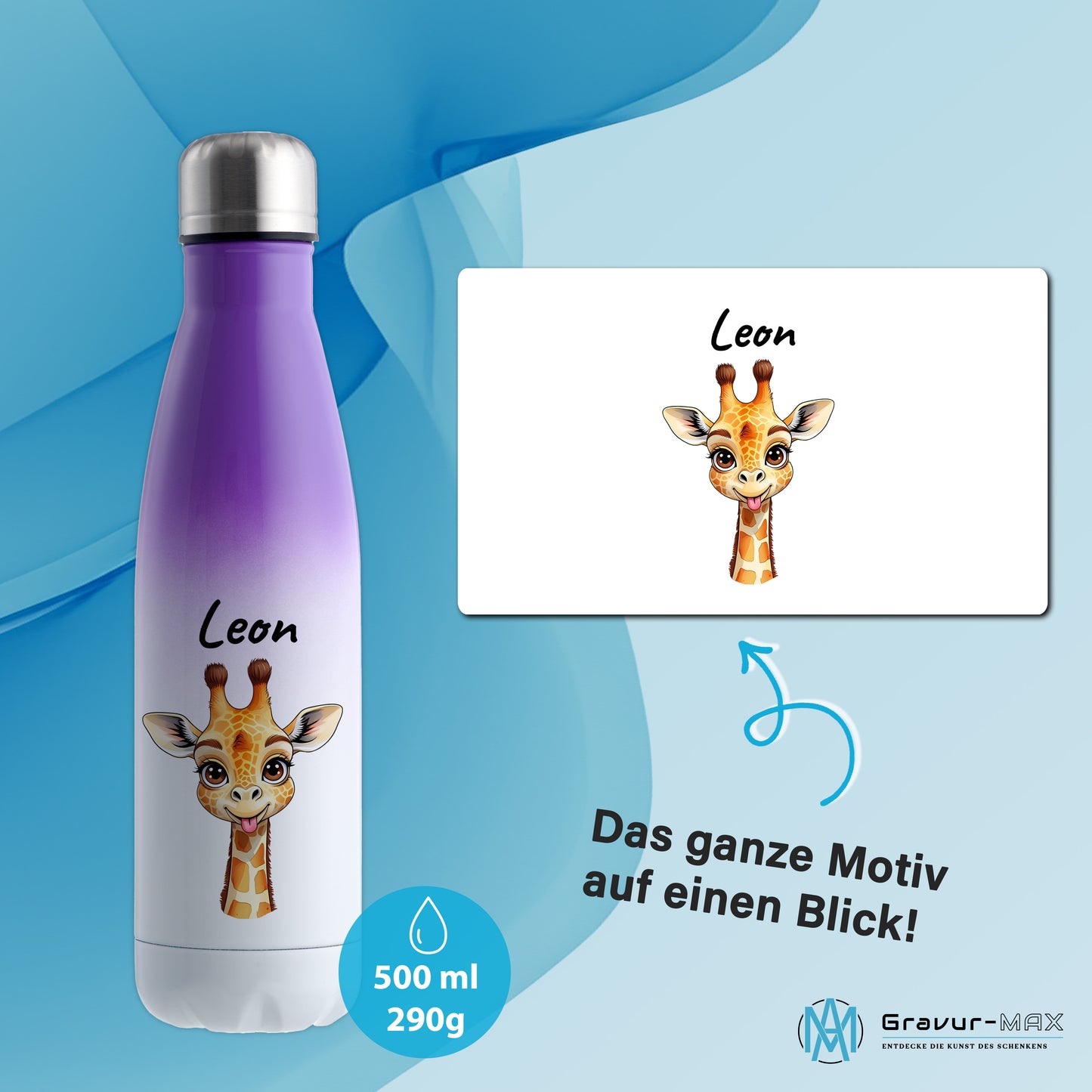 Trinkflasche in Weiß/Violett 500ml aus Edelstahl bedruckt mit niedlichen Tieren "Giraffe" personalisierbar für Kinder mit Wunschname