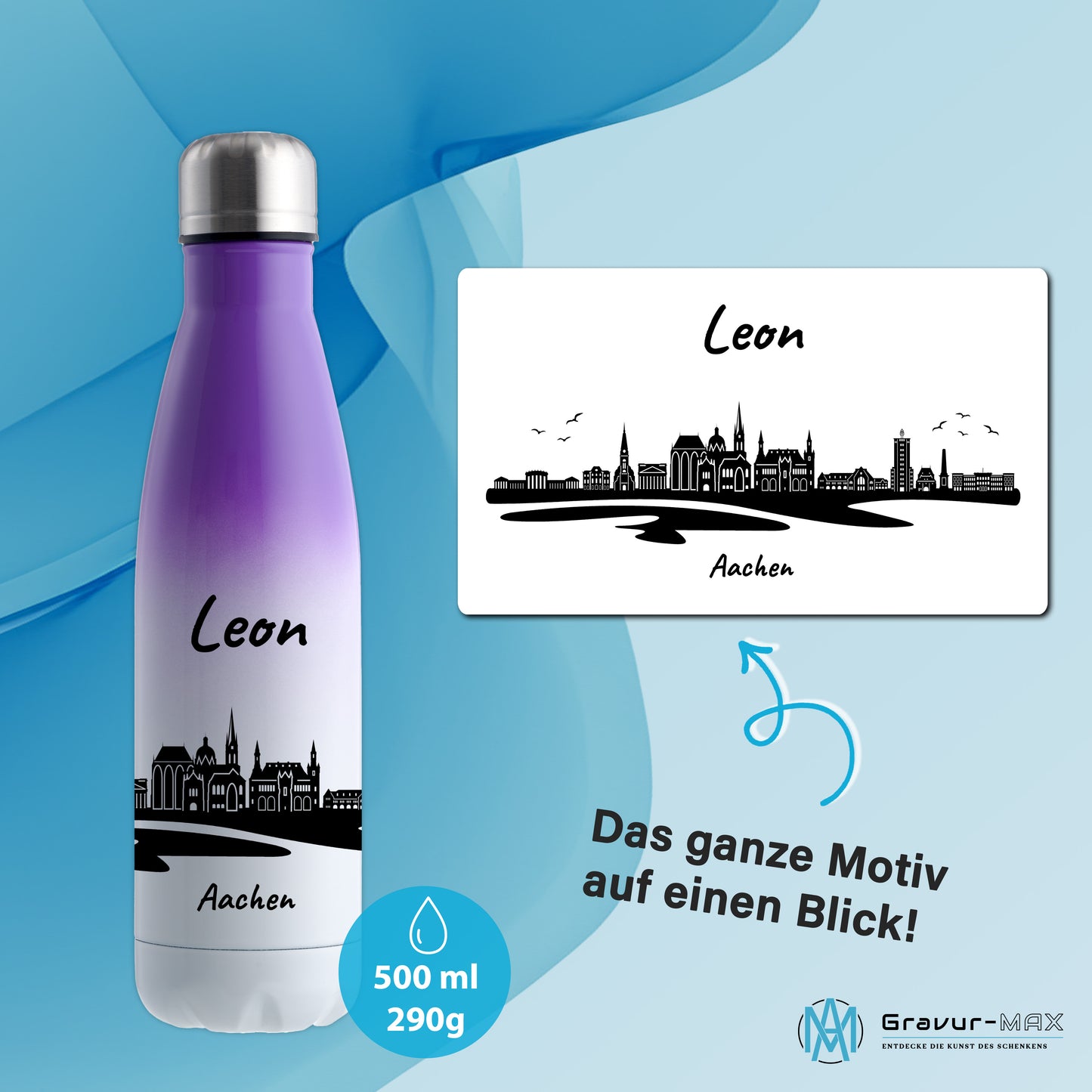 Trinkflasche in Weiß/Violett 500ml aus Edelstahl bedruckt mit der Skyline von Aachen personalisierbar mit Wunschname