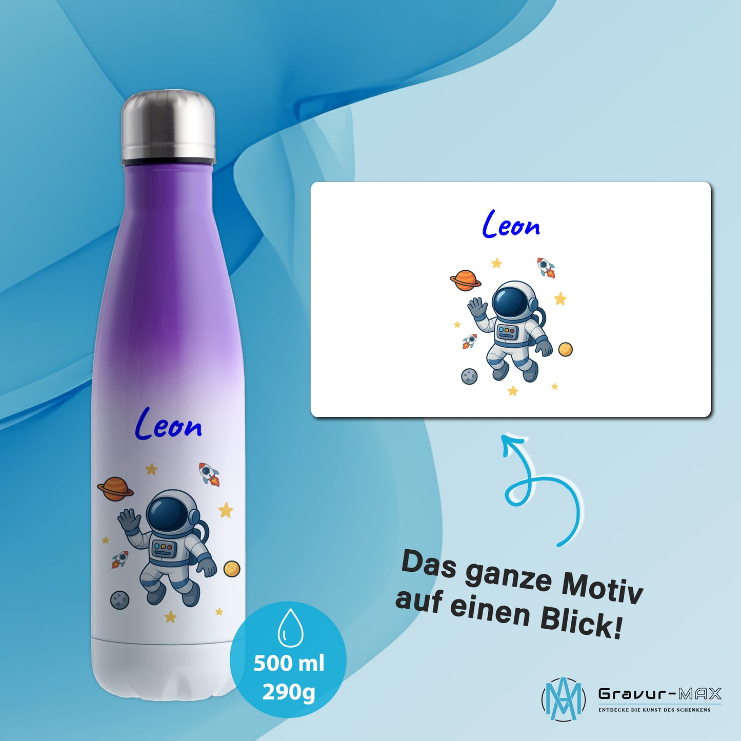 Thermoflasche 500ml in Weiß/Violett bedruckt mit tollen Motiven für Kinder "Astronaut" personalisierbar mit Wunschname