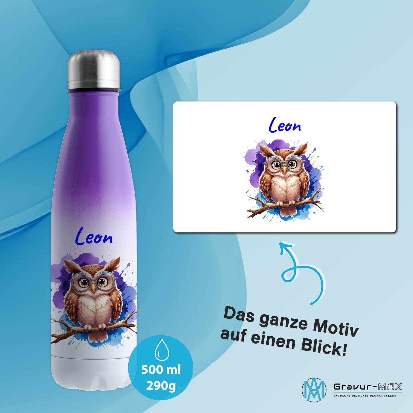 Trinkflasche in Weiß/Violett 500ml aus Edelstahl bedruckt mit niedlichen Tieren "Eule" personalisierbar für Kinder mit Wunschname