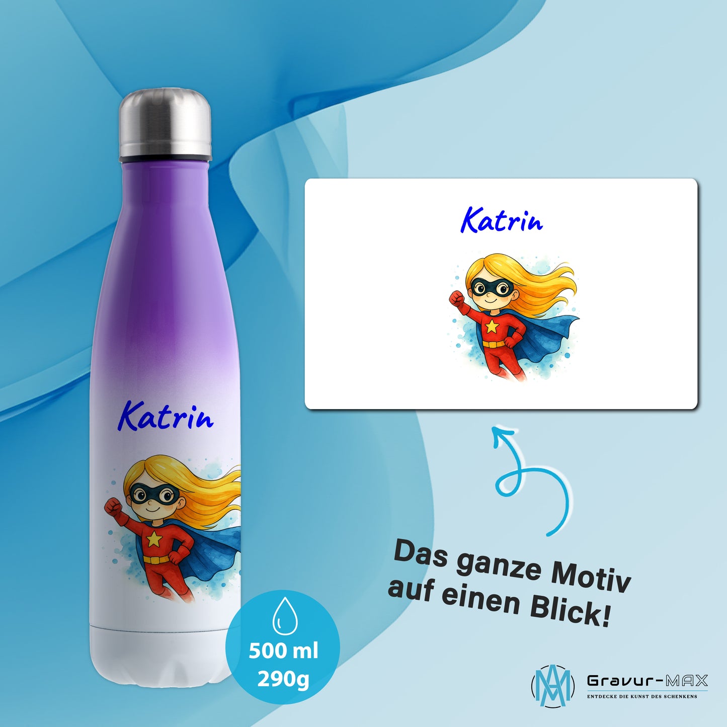 Thermoflasche 500ml in Weiß/Violett bedruckt mit tollen Motiven für Kinder "Superheldin" personalisierbar mit Wunschname