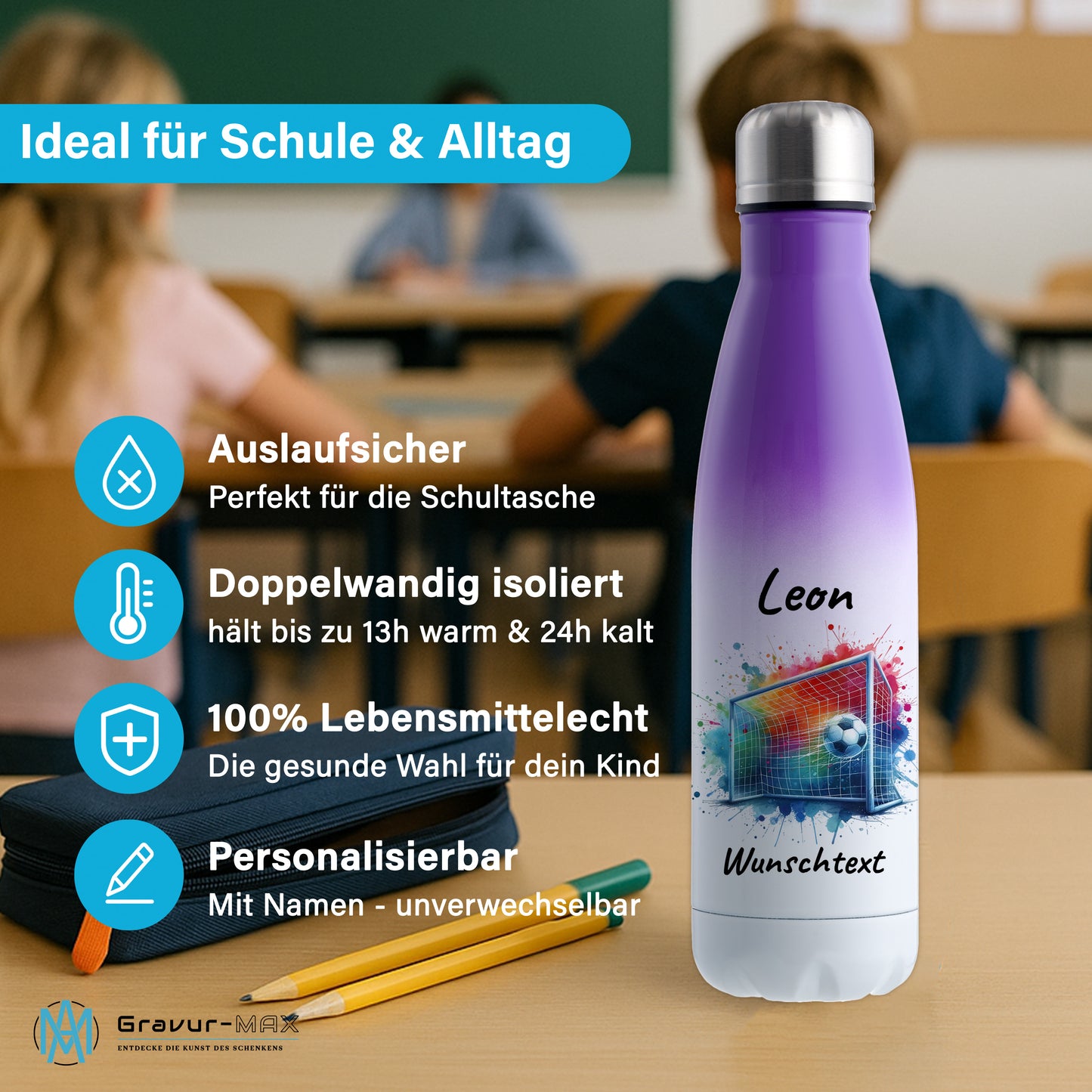 Thermoflasche 500ml in Weiß/Violett aus Edelstahl bedruckt "Fußball" Motiv5 personalisierbar mit Wunschname & Text