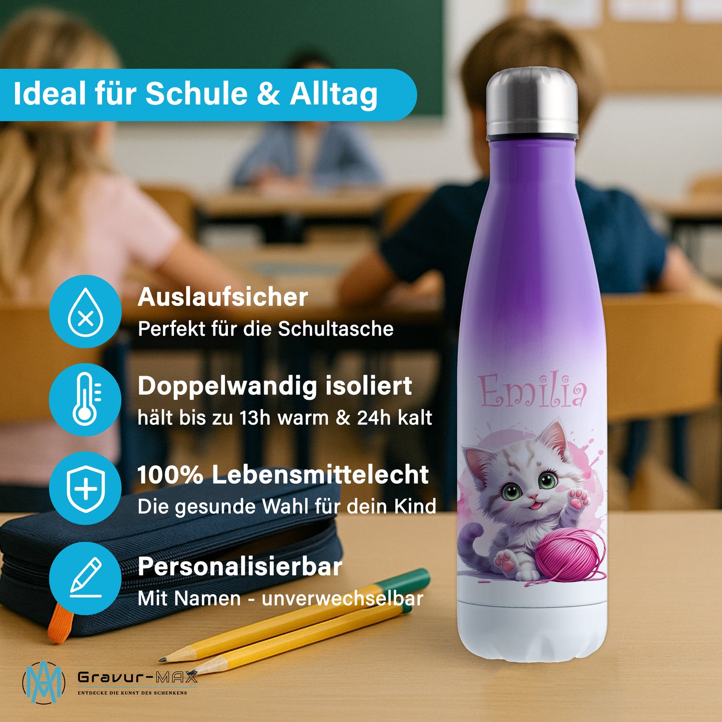 Trinkflasche in Weiß/Violett 500ml aus Edelstahl bedruckt mit niedlichen Tieren "Katze" personalisierbar für Kinder mit Wunschname
