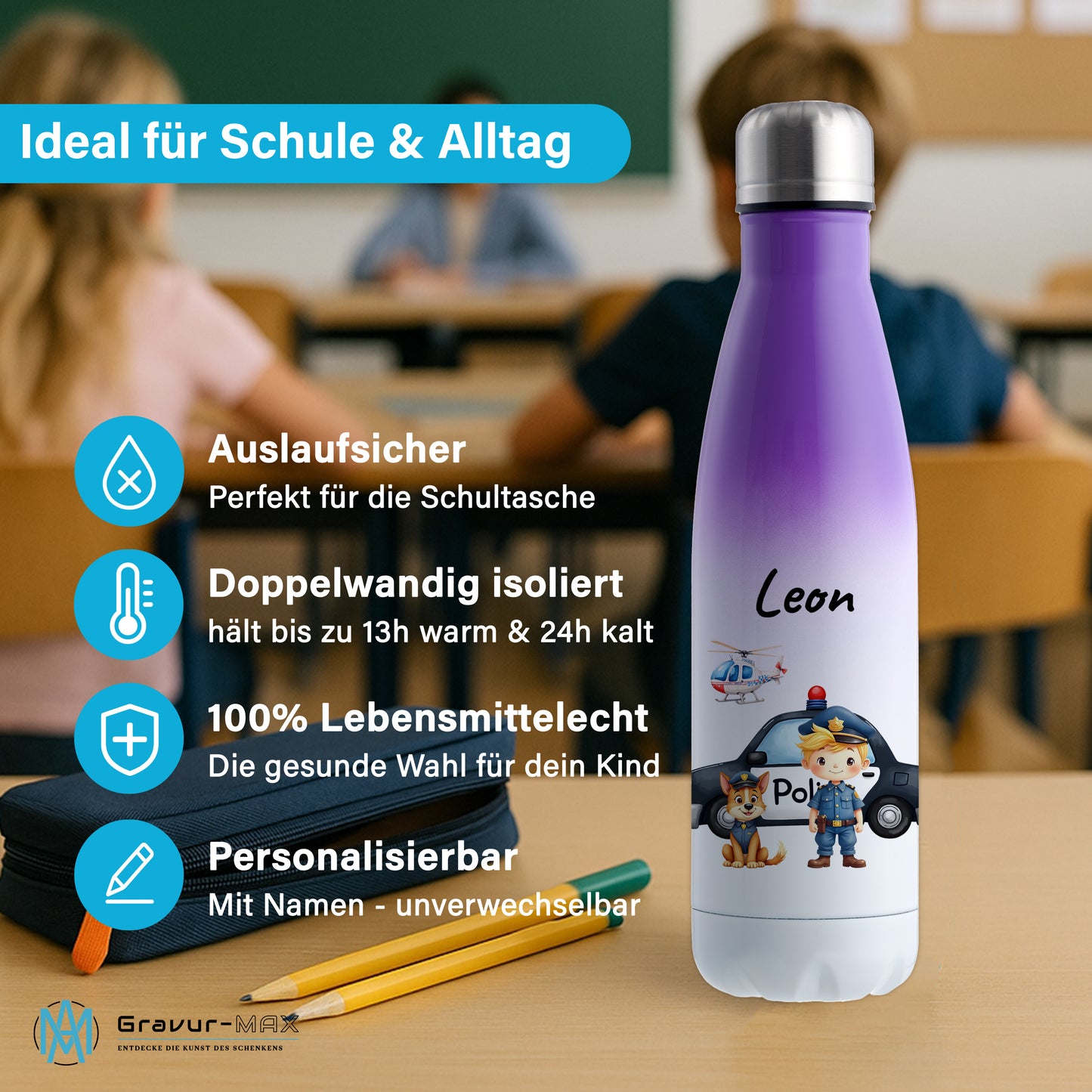 Thermoflasche 500ml in Weiß/Violett bedruckt mit tollen Motiven für Kinder "Polizei" personalisierbar mit Wunschname