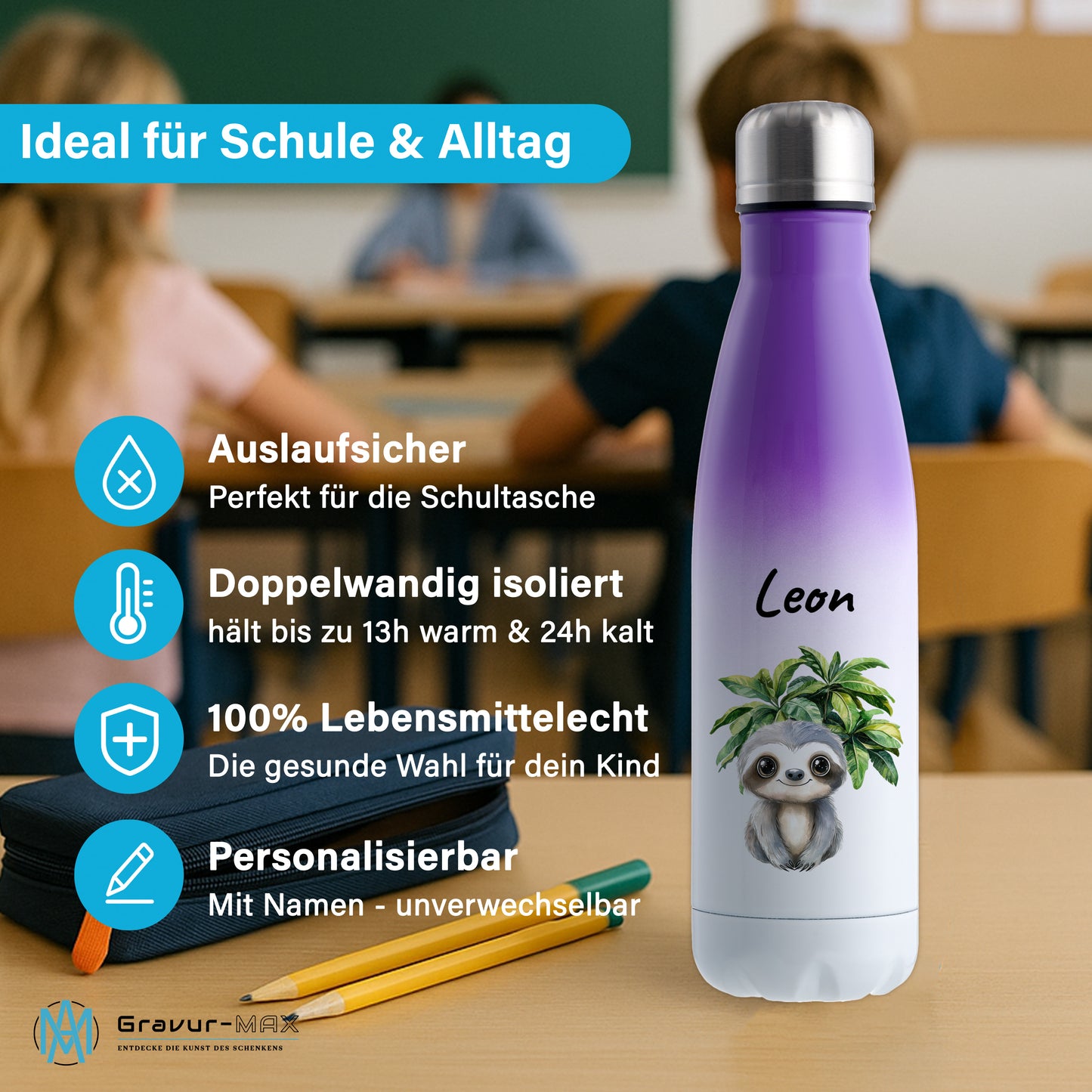 Trinkflasche mit Farbverlauf in Weiß/Violett 500ml aus Edelstahl bedruckt mit Dschungel Tieren"Faultier" personalisierbar für Kinder mit Wunschname