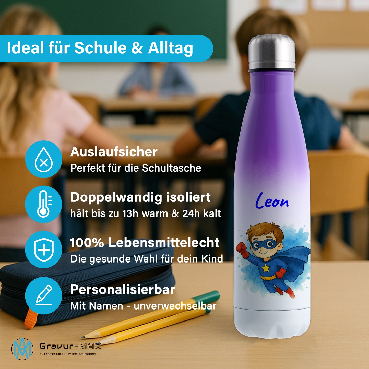 Thermoflasche 500ml in Weiß/Violett bedruckt mit tollen Motiven für Kinder "Superheld" personalisierbar mit Wunschname