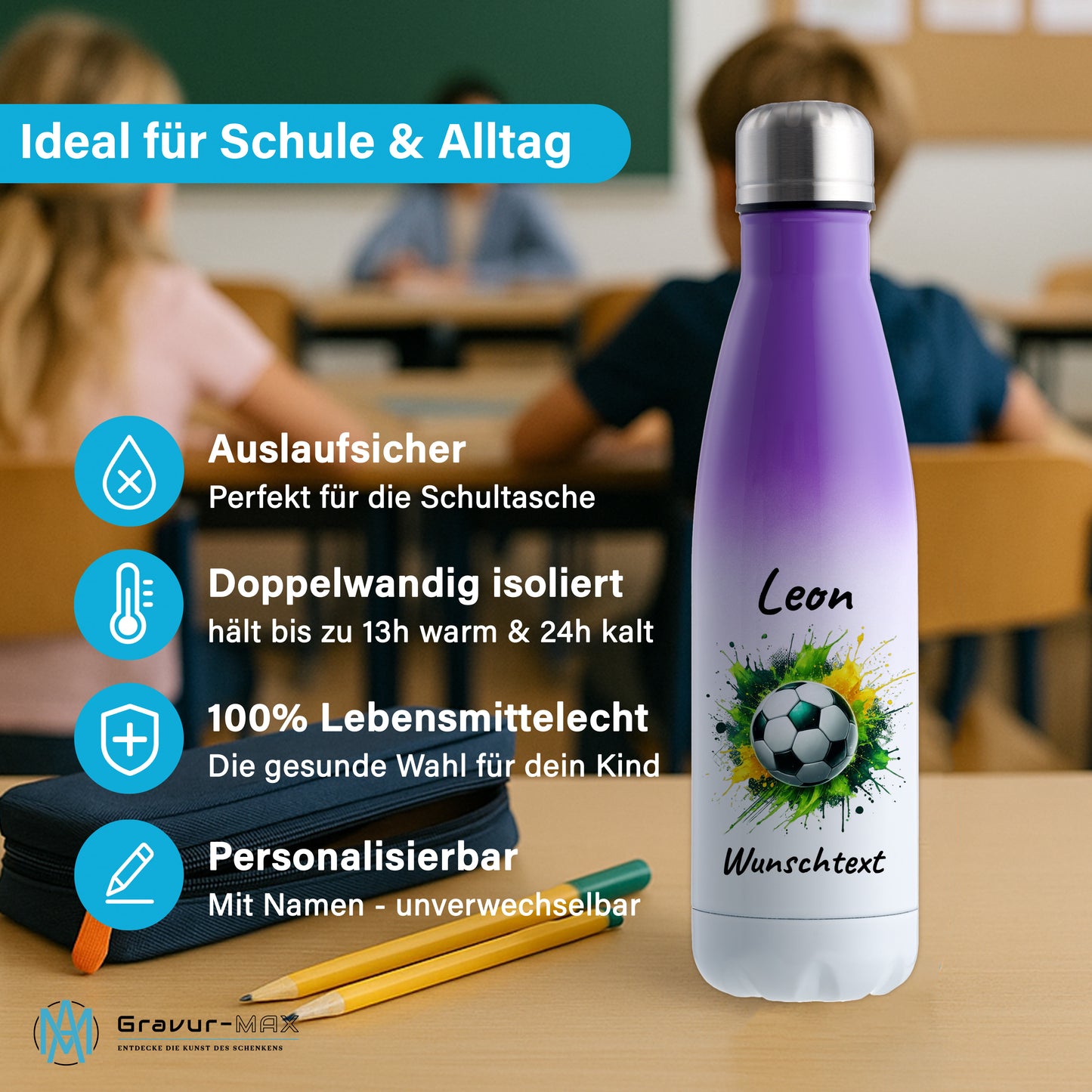 Thermoflasche 500ml in Weiß/Violett aus Edelstahl bedruckt "Fußball" Motiv11 personalisierbar mit Wunschname & Text