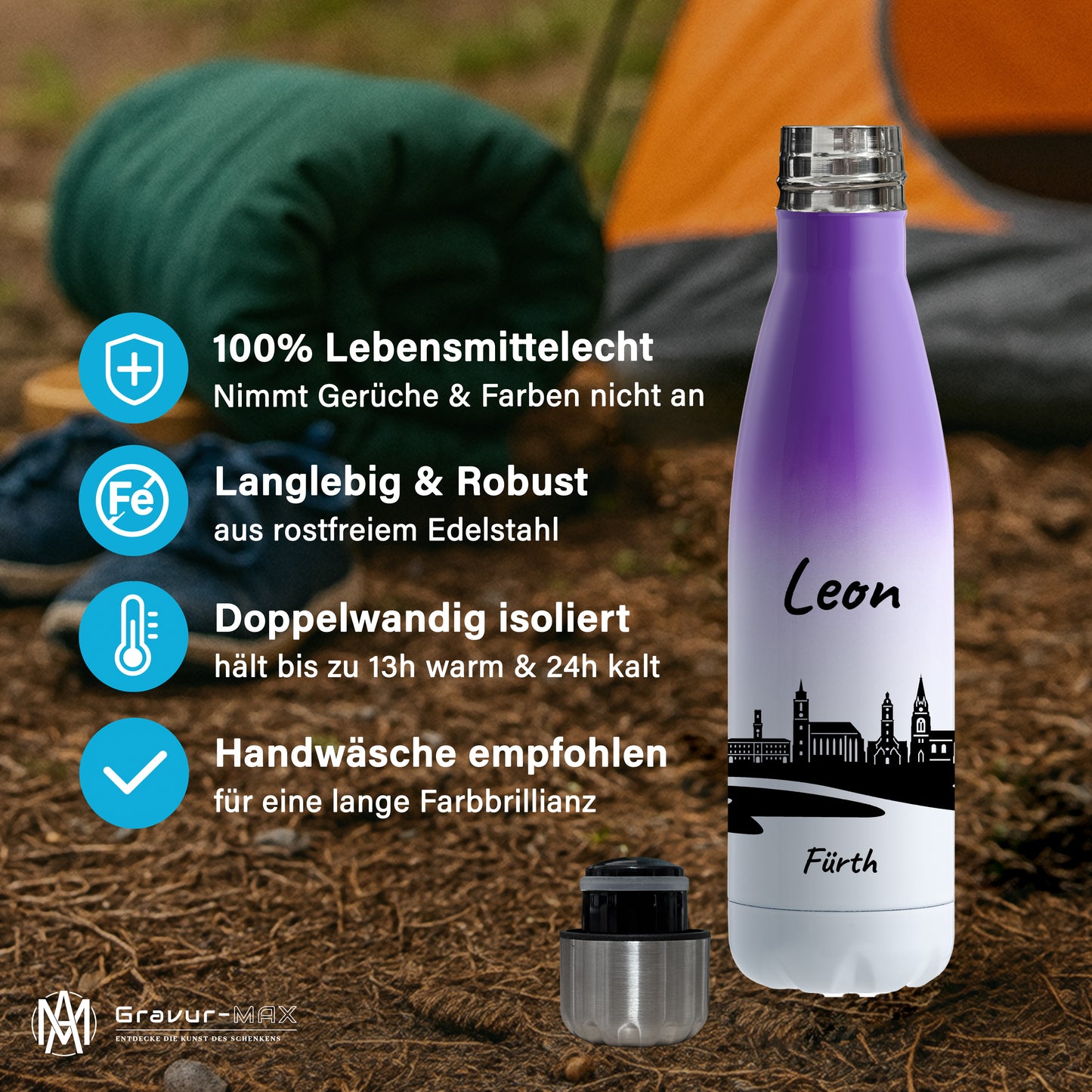 Trinkflasche in Weiß/Violett 500ml aus Edelstahl bedruckt mit der Skyline von Fürth personalisierbar mit Wunschname