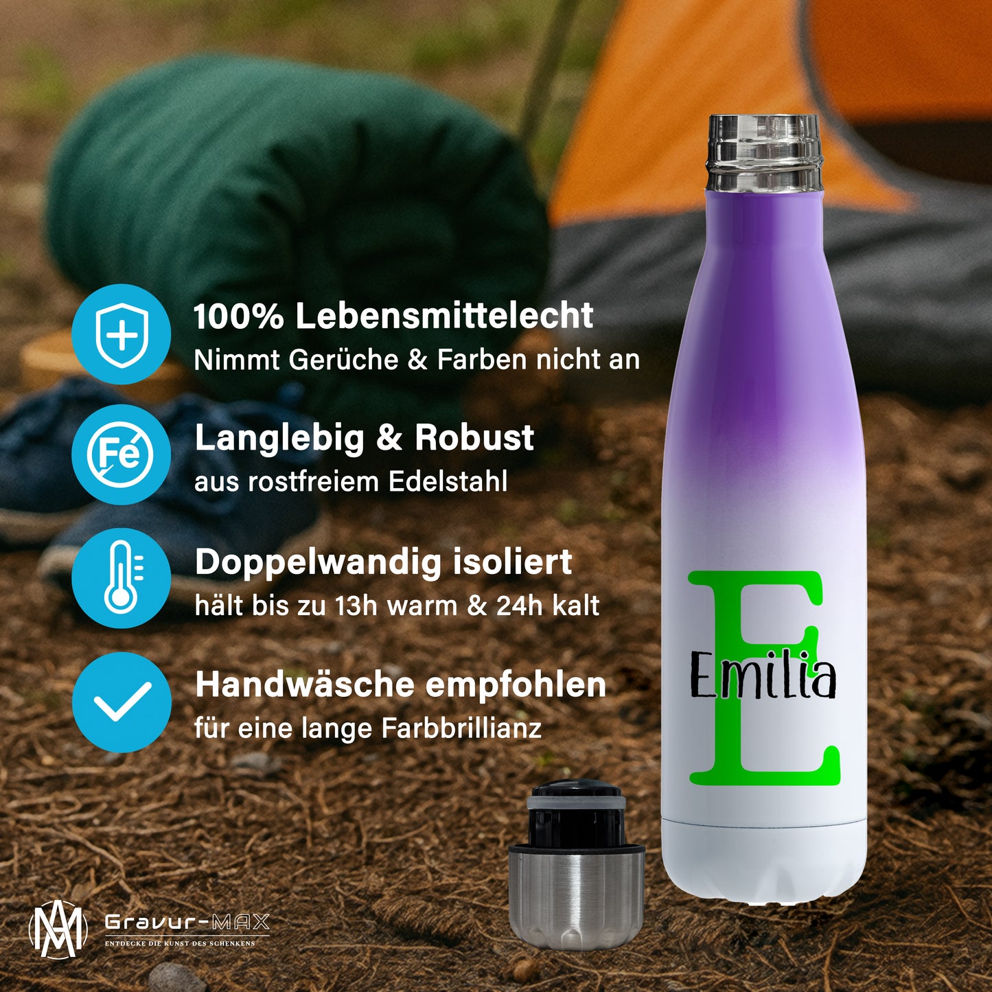 Thermoflasche 500ml aus Edelstahl in Weiß/Violett personalisierbar mit Wunschname auslaufsichere Trinkflasche
