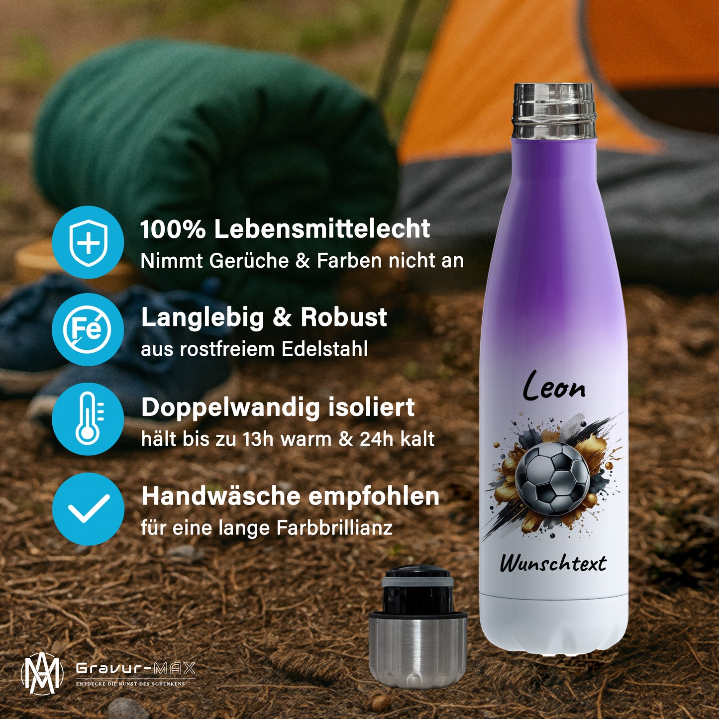 Thermoflasche 500ml in Weiß/Violett aus Edelstahl bedruckt "Fußball" Motiv13 personalisierbar mit Wunschname & Text
