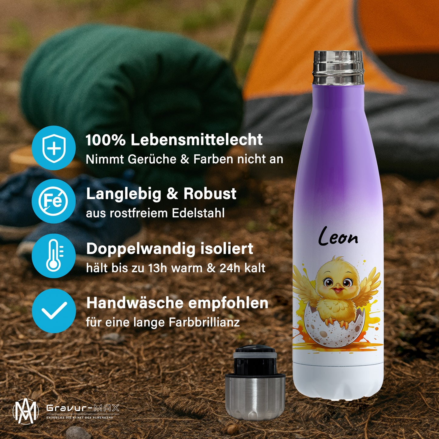 Trinkflasche in Weiß/Violett 500ml aus Edelstahl bedruckt mit niedlichen Tieren "Küken" personalisierbar für Kinder mit Wunschname