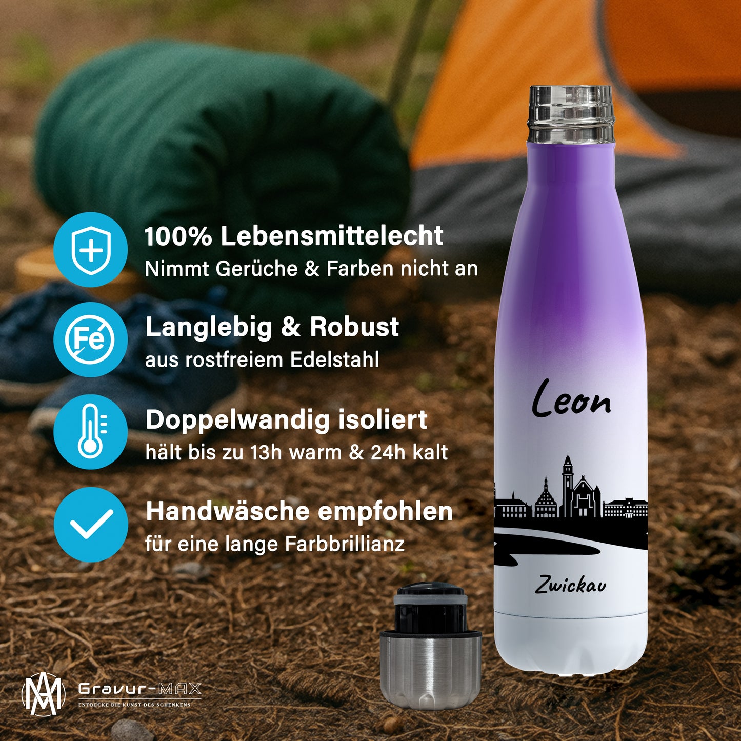 Trinkflasche in Weiß/Violett 500ml aus Edelstahl bedruckt mit der Skyline von Zwickau personalisierbar mit Wunschname
