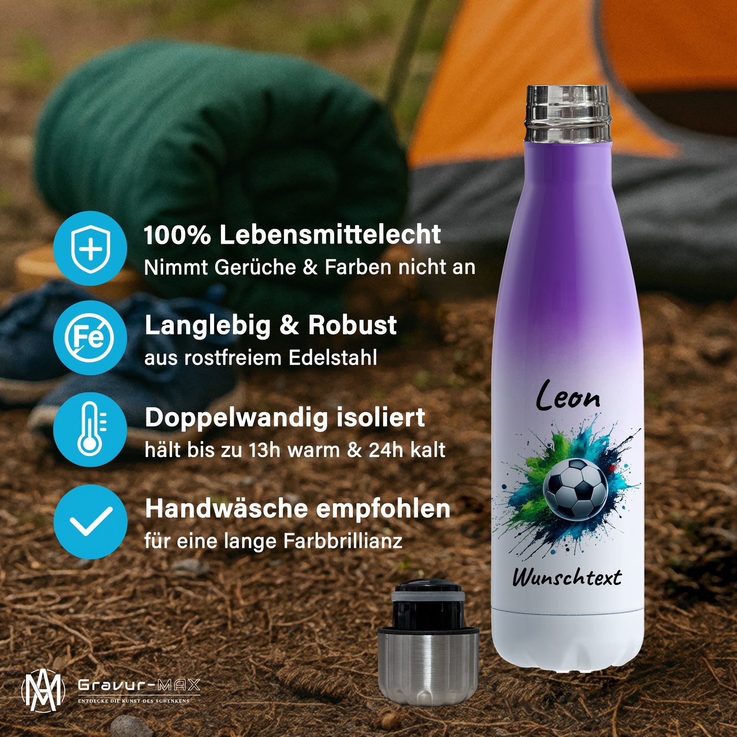 Thermoflasche 500ml in Weiß/Violett aus Edelstahl bedruckt "Fußball" Motiv8 personalisierbar mit Wunschname & Text