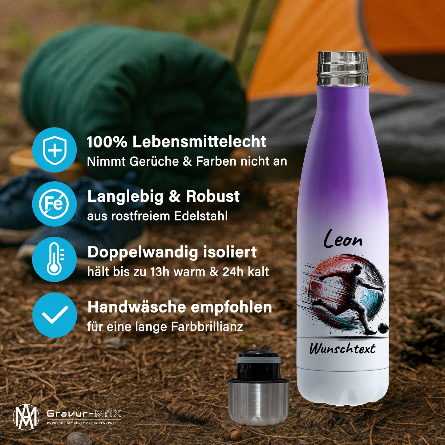 Thermoflasche 500ml in Weiß/Violett aus Edelstahl bedruckt "Fußball" Motiv3 personalisierbar mit Wunschname & Text