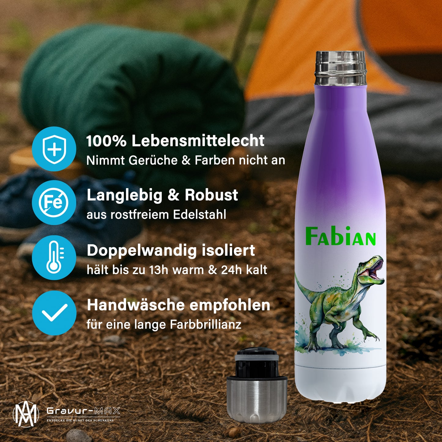 Thermoflasche 500ml in Weiß/Violett bedruckt mit tollen Motiven für Kinder "Dino T-Rex" personalisierbar mit Wunschname