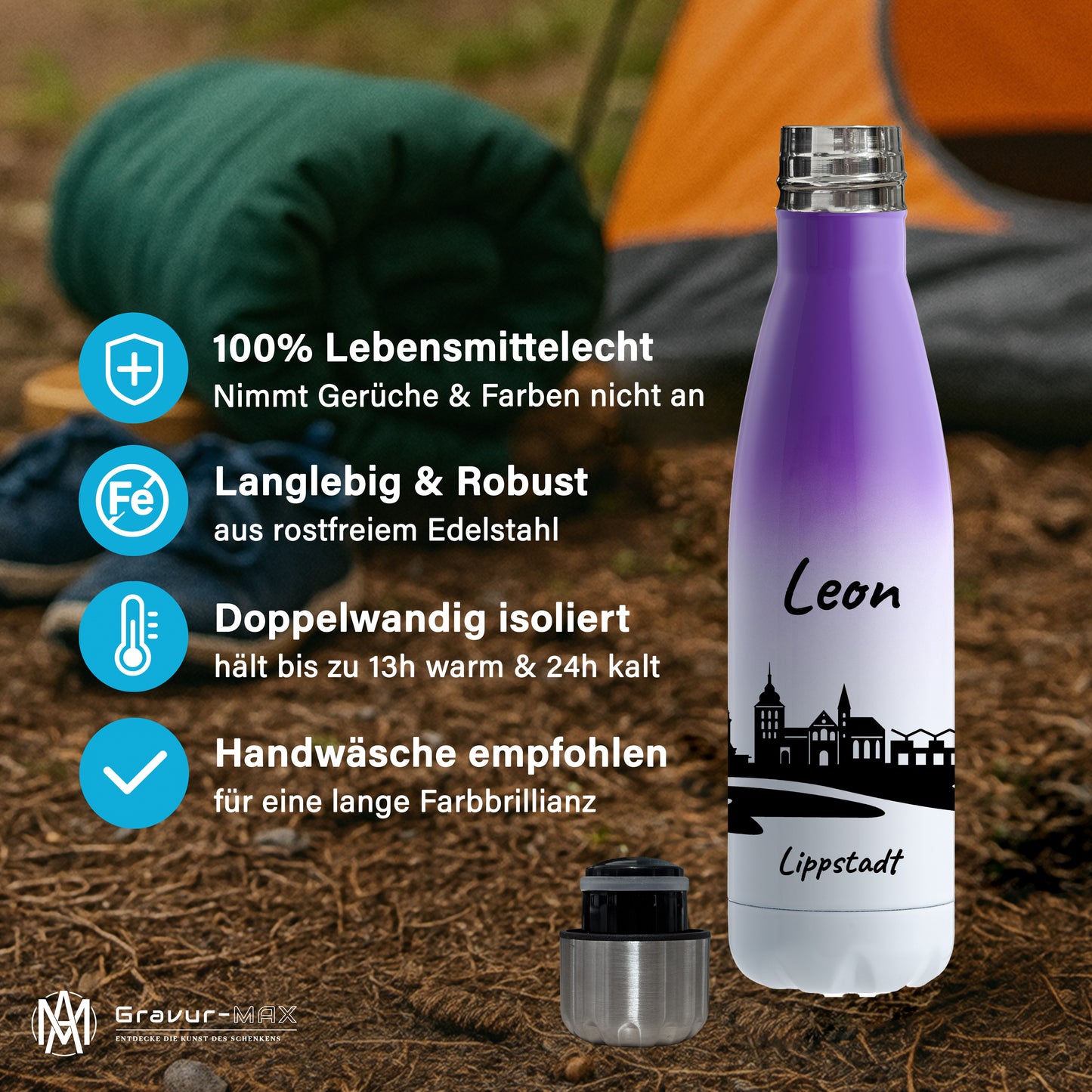 Trinkflasche in Weiß/Violett 500ml aus Edelstahl bedruckt mit der Skyline von Lippstadt personalisierbar mit Wunschname
