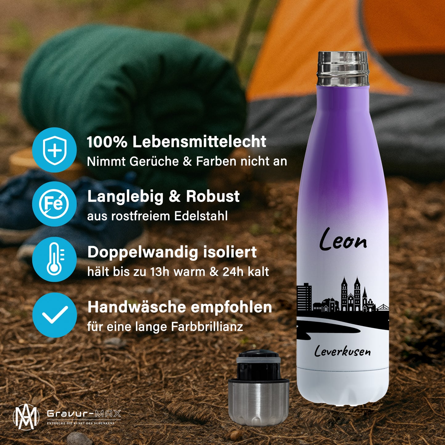 Trinkflasche in Weiß/Violett 500ml aus Edelstahl bedruckt mit der Skyline von Leverkusen personalisierbar mit Wunschname