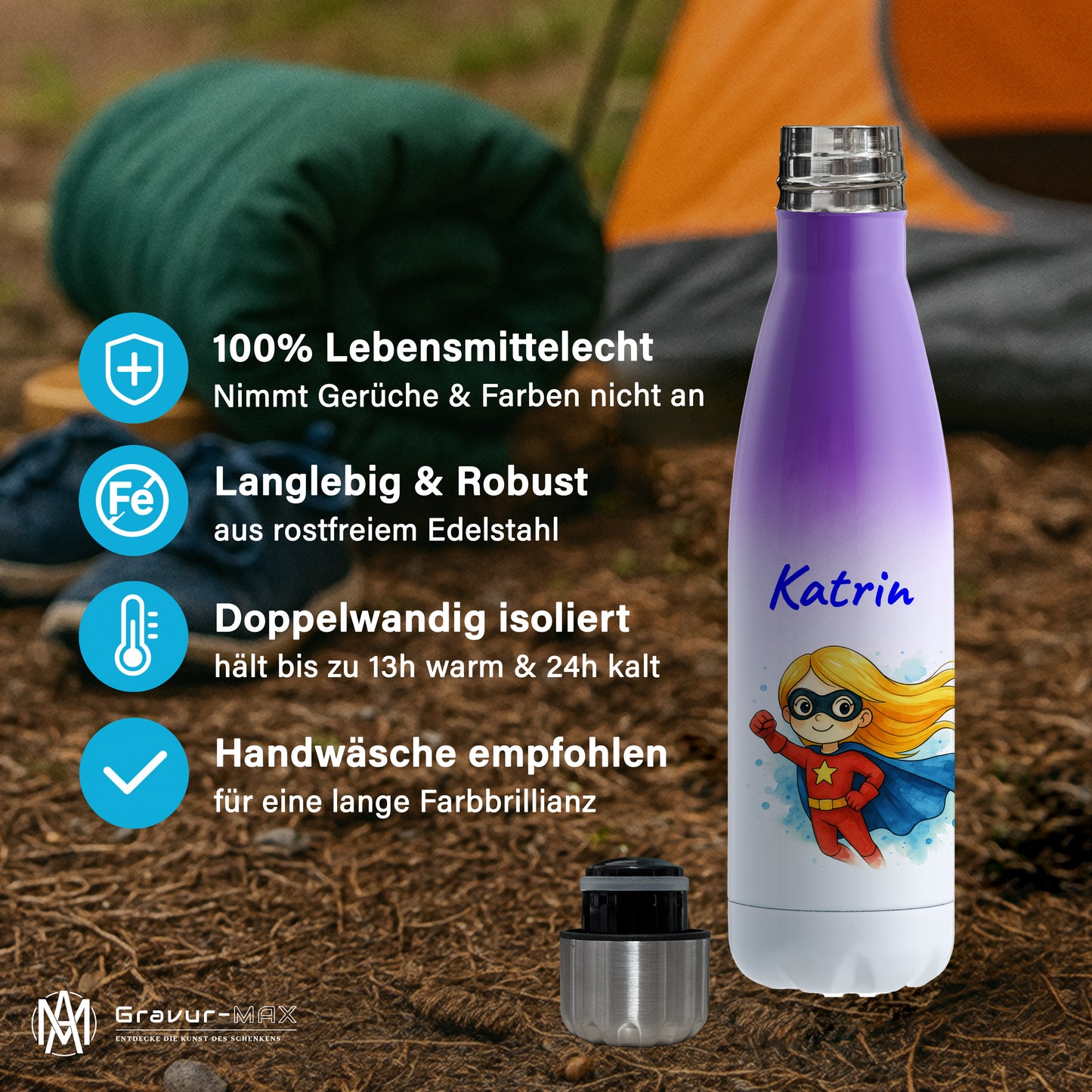Thermoflasche 500ml in Weiß/Violett bedruckt mit tollen Motiven für Kinder "Superheldin" personalisierbar mit Wunschname