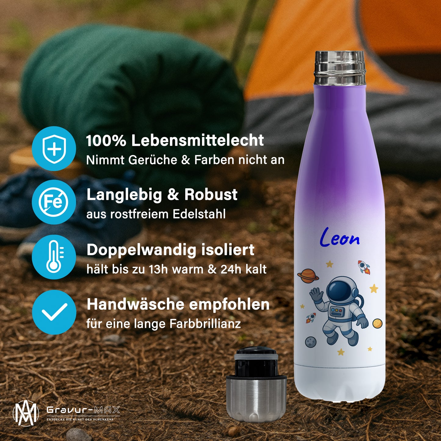 Thermoflasche 500ml in Weiß/Violett bedruckt mit tollen Motiven für Kinder "Astronaut" personalisierbar mit Wunschname