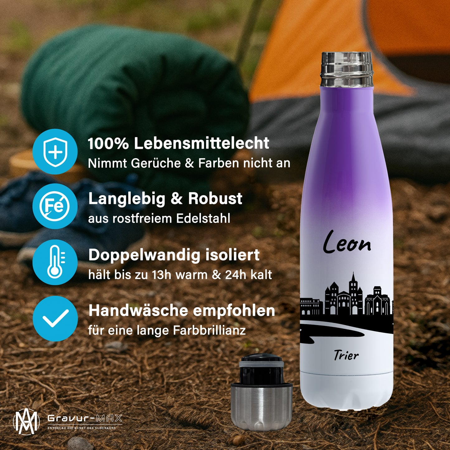 Trinkflasche in Weiß/Violett 500ml aus Edelstahl bedruckt mit der Skyline von Trier personalisierbar mit Wunschname