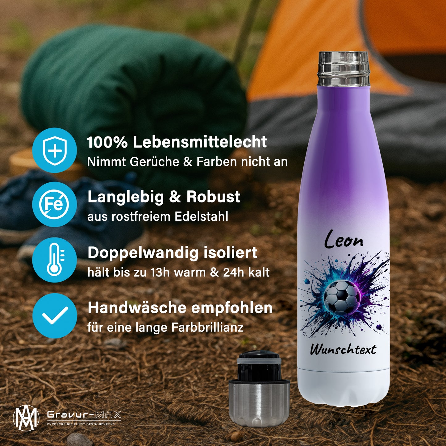 Thermoflasche 500ml in Weiß/Violett aus Edelstahl bedruckt "Fußball" Motiv10 personalisierbar mit Wunschname & Text