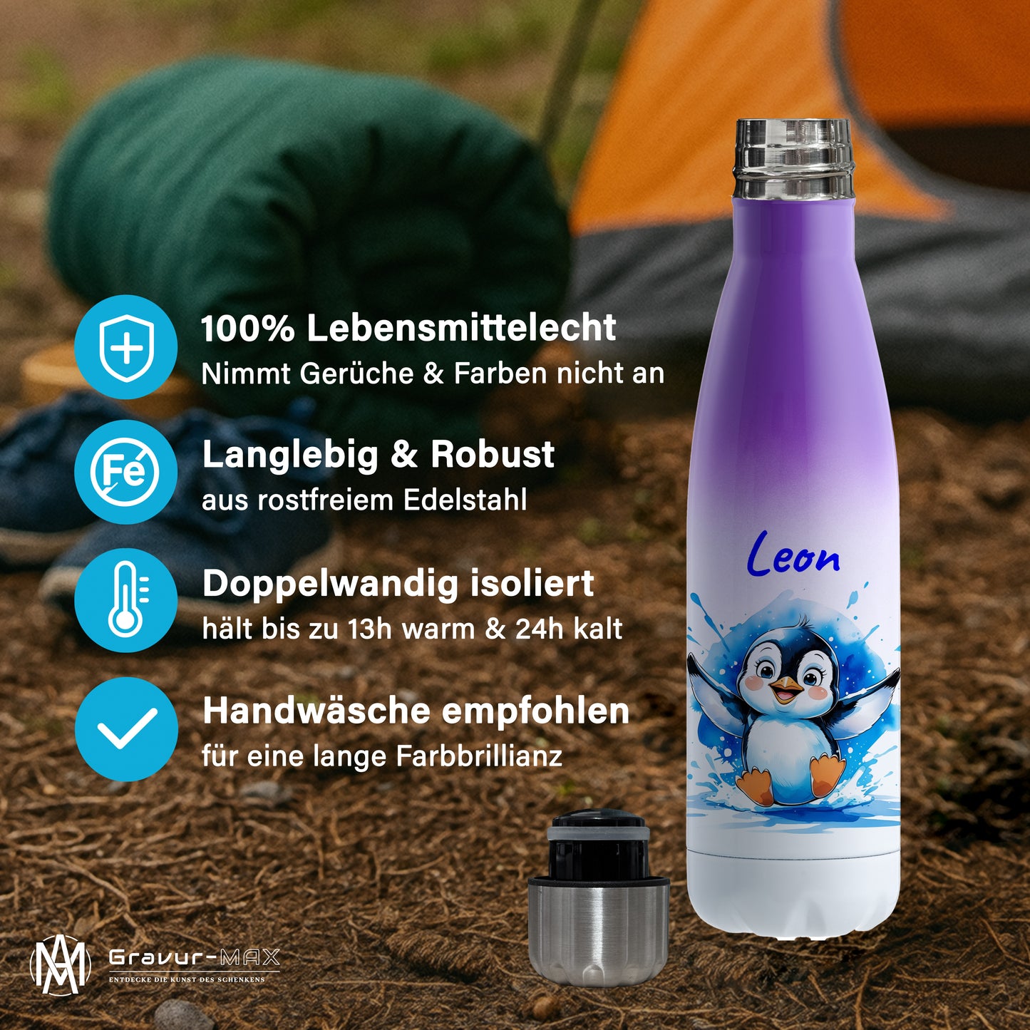 Trinkflasche in Weiß/Violett 500ml aus Edelstahl bedruckt mit niedlichen Tieren "Pinguin" personalisierbar für Kinder mit Wunschname
