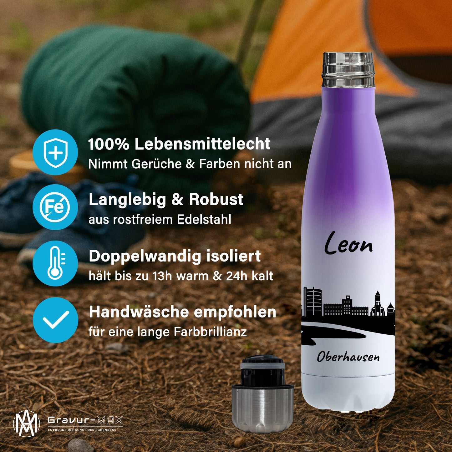 Trinkflasche in Weiß/Violett 500ml aus Edelstahl bedruckt mit der Skyline von Oberhausen personalisierbar mit Wunschname