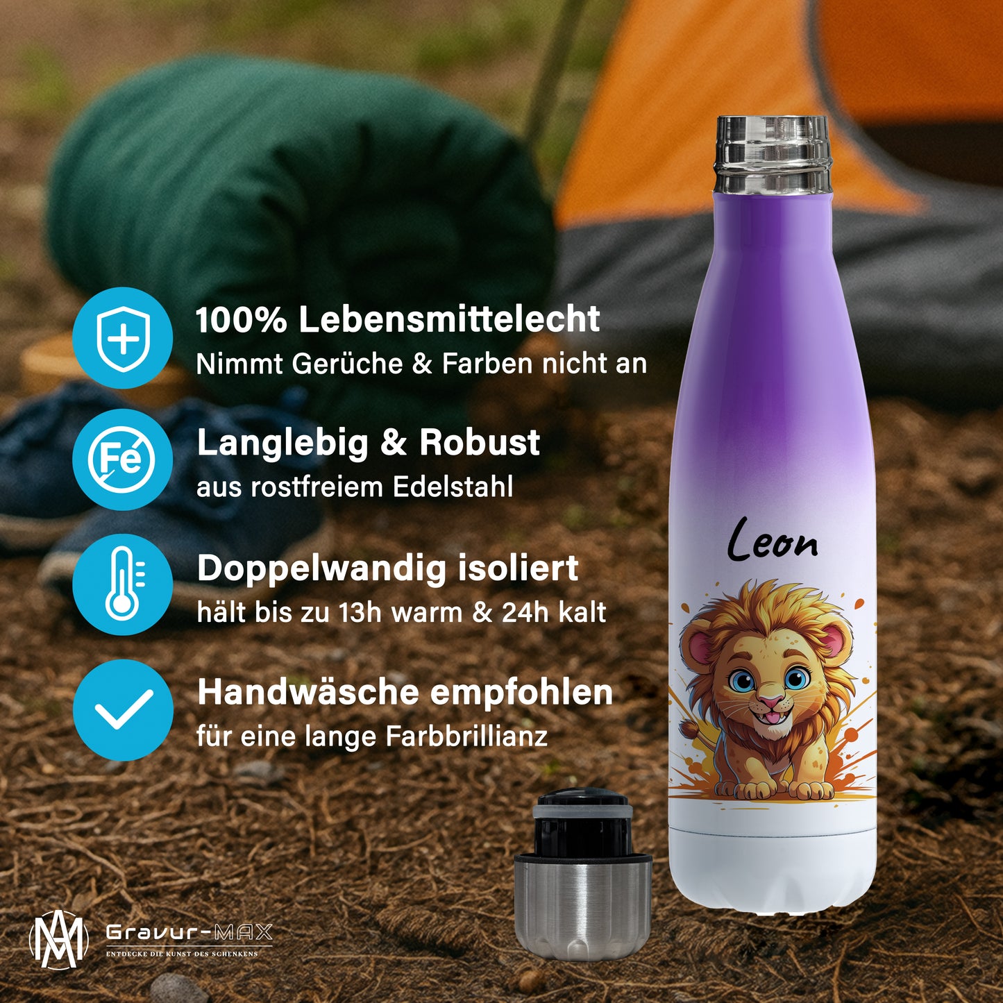 Trinkflasche in Weiß/Violett 500ml aus Edelstahl bedruckt mit niedlichen Tieren "Löwe" personalisierbar für Kinder mit Wunschname