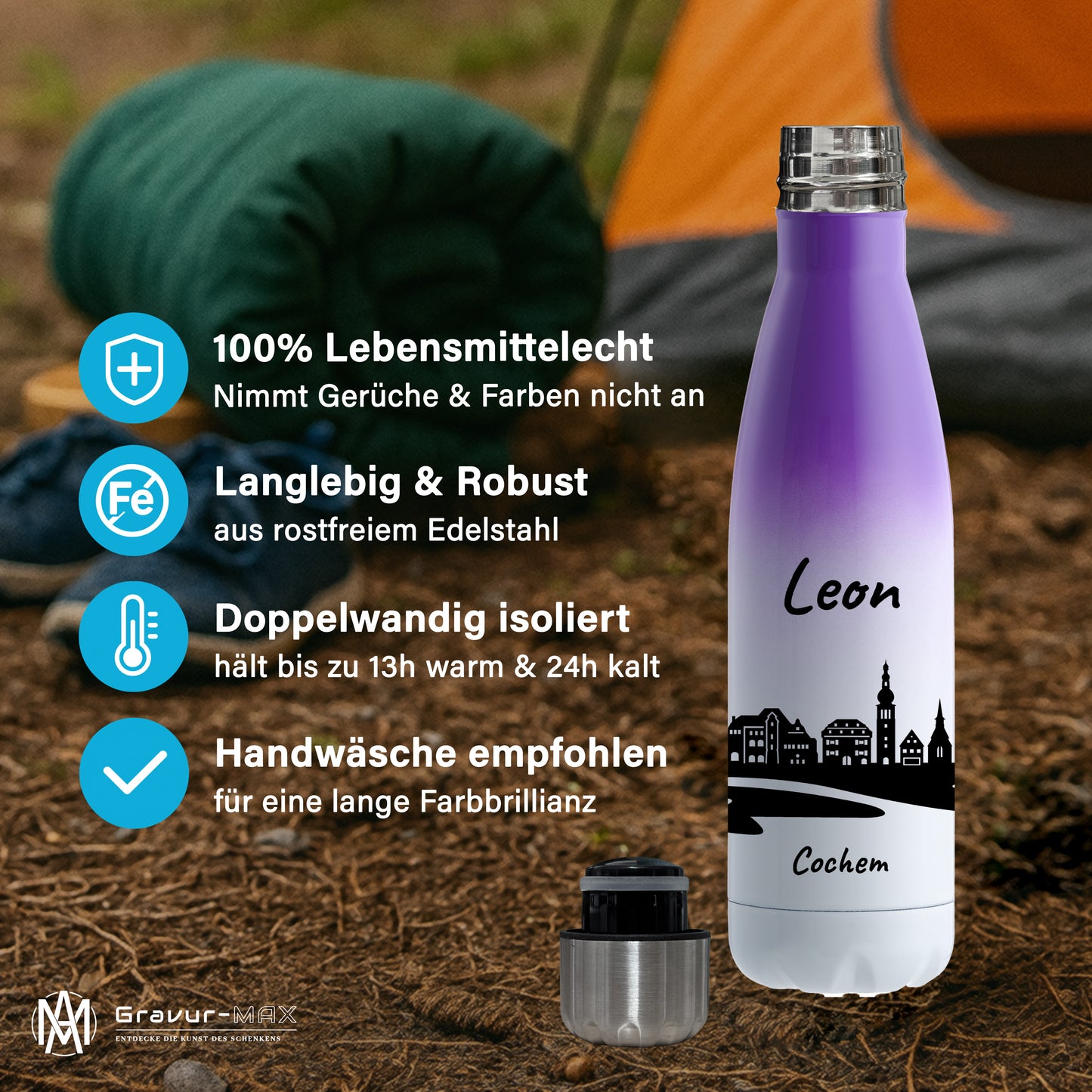 Trinkflasche in Weiß/Violett 500ml aus Edelstahl bedruckt mit der Skyline von Cochem personalisierbar mit Wunschname