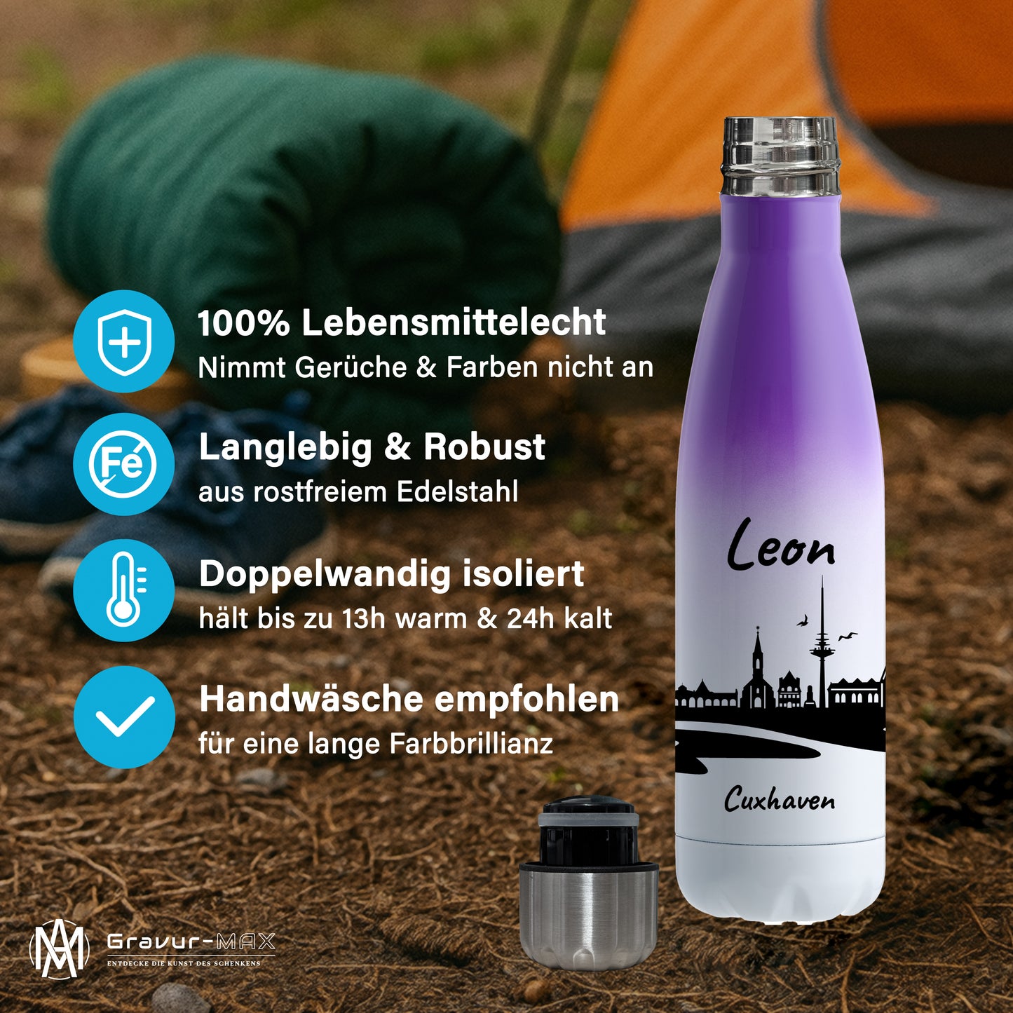 Trinkflasche in Weiß/Violett 500ml aus Edelstahl bedruckt mit der Skyline von Cuxhaven personalisierbar mit Wunschname
