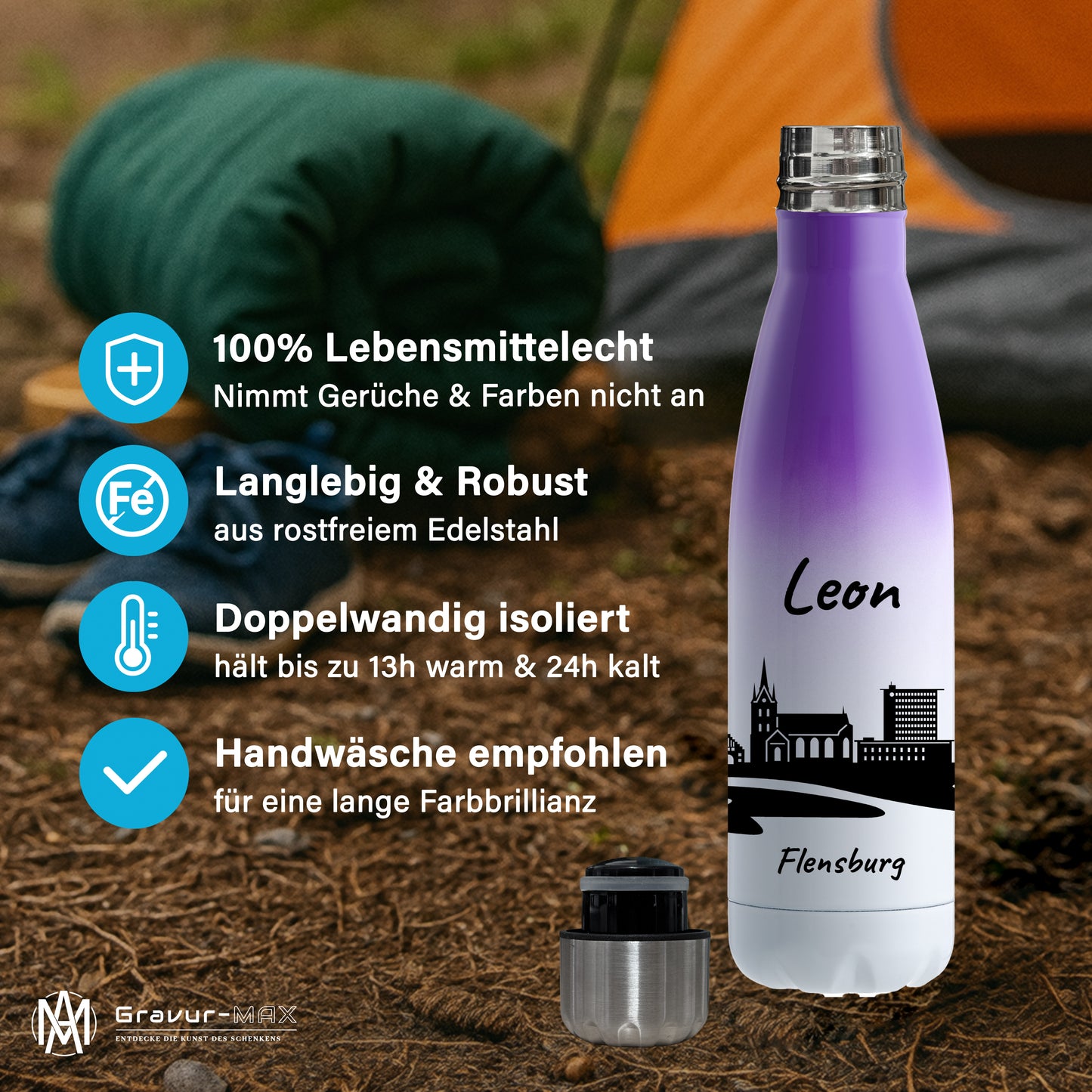 Trinkflasche in Weiß/Violett 500ml aus Edelstahl bedruckt mit der Skyline von Flensburg personalisierbar mit Wunschname