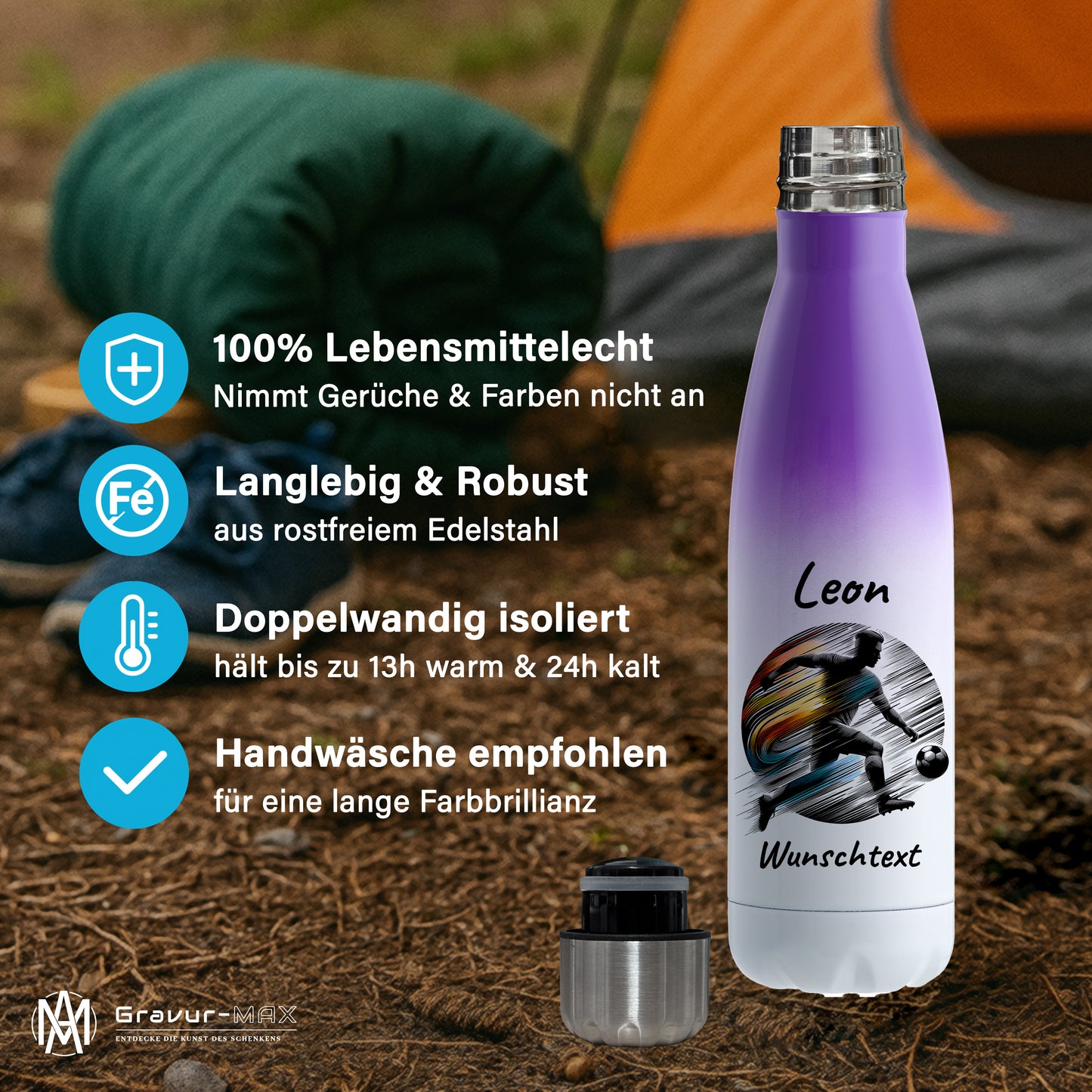 Thermoflasche 500ml in Weiß/Violett aus Edelstahl bedruckt "Fußball" Motiv2 personalisierbar mit Wunschname & Text