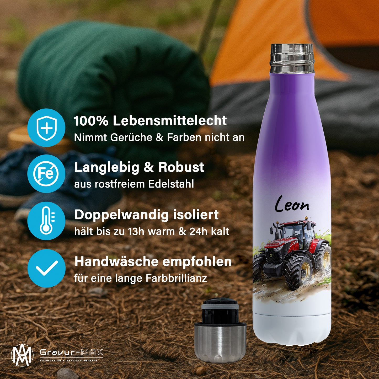 Thermoflasche 500ml in Weiß/Violett bedruckt mit tollen Motiven für Kinder "Traktor" personalisierbar mit Wunschname