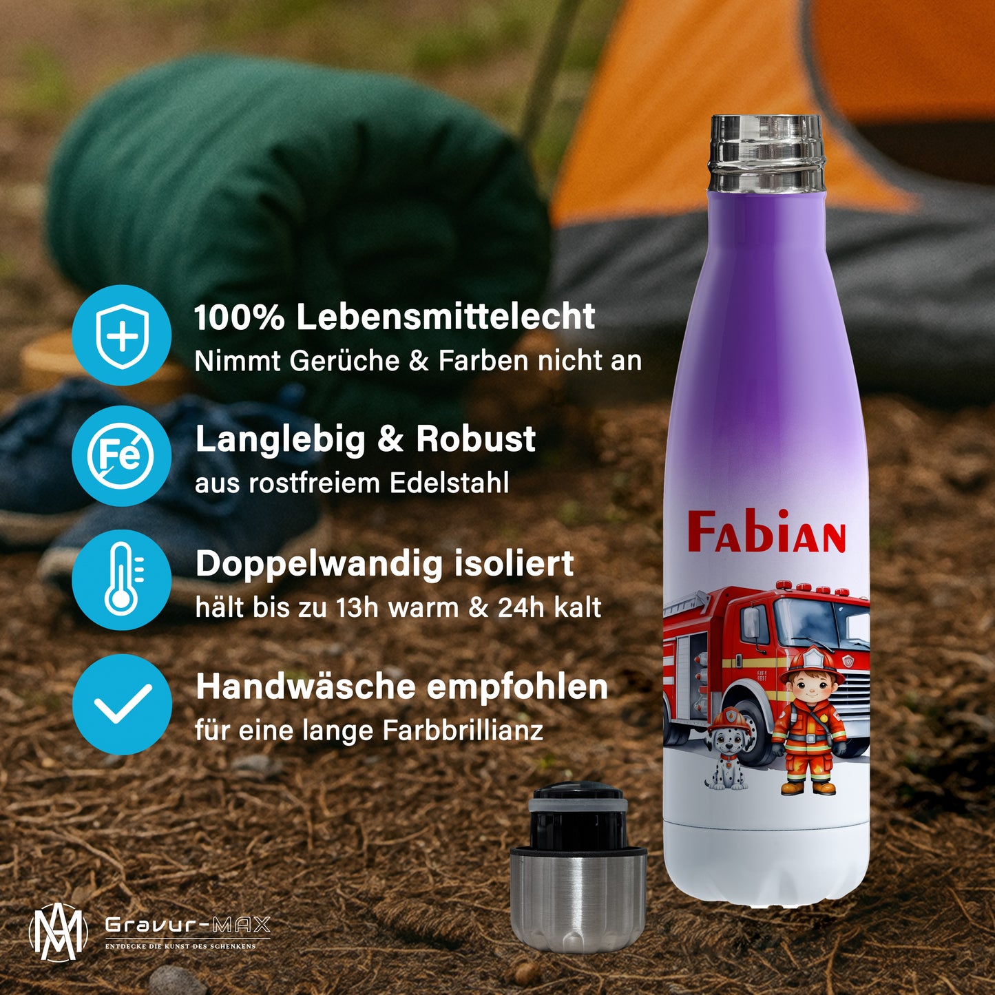Thermoflasche 500ml in Weiß/Violett bedruckt mit tollen Motiven für Kinder "Feuerwehr" personalisierbar mit Wunschname