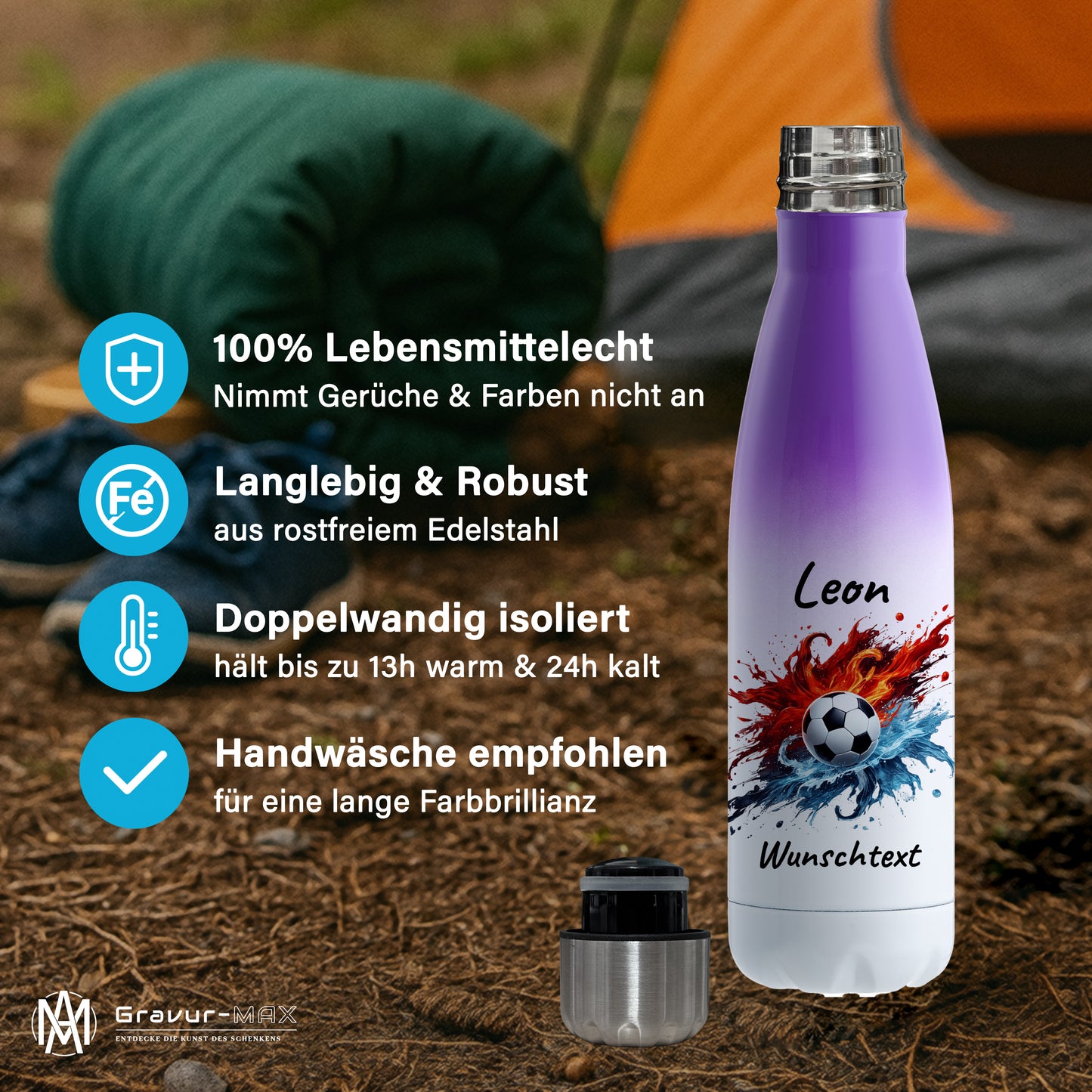 Thermoflasche 500ml in Weiß/Violett aus Edelstahl bedruckt "Fußball" Motiv12 personalisierbar mit Wunschname & Text