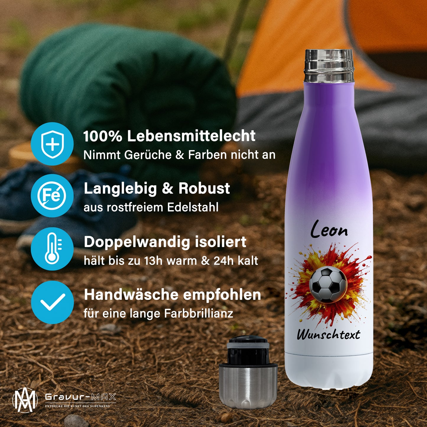 Thermoflasche 500ml in Weiß/Violett aus Edelstahl bedruckt "Fußball" Motiv9 personalisierbar mit Wunschname & Text