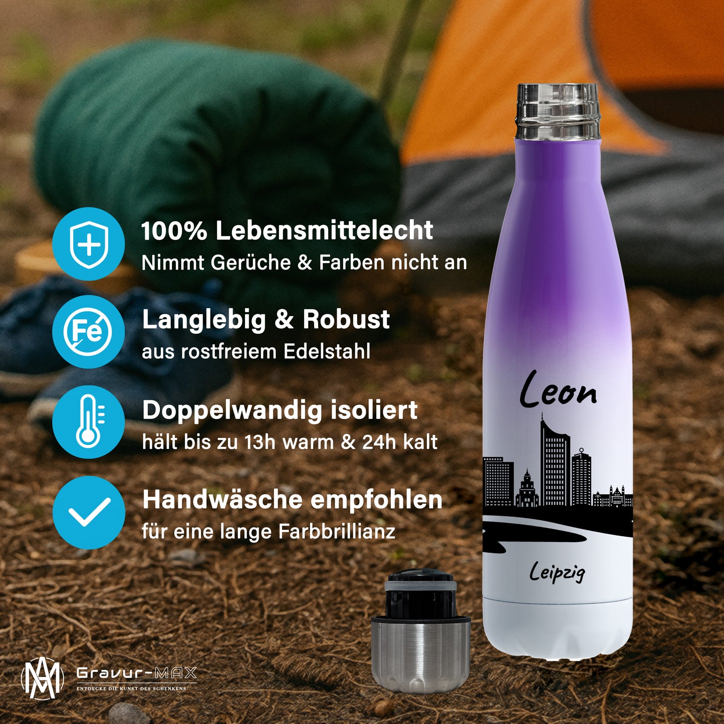Trinkflasche in Weiß/Violett 500ml aus Edelstahl bedruckt mit der Skyline von Leipzig personalisierbar mit Wunschname