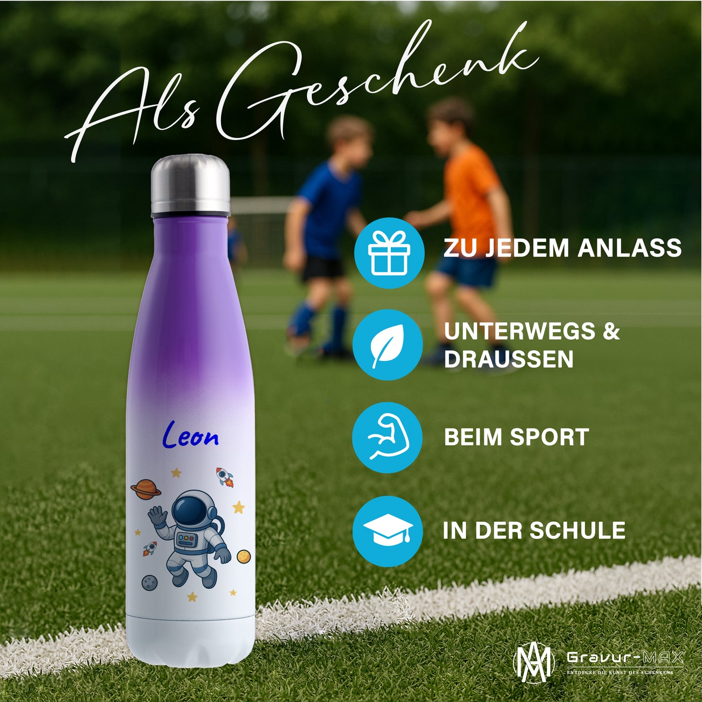 Thermoflasche 500ml in Weiß/Violett bedruckt mit tollen Motiven für Kinder "Astronaut" personalisierbar mit Wunschname