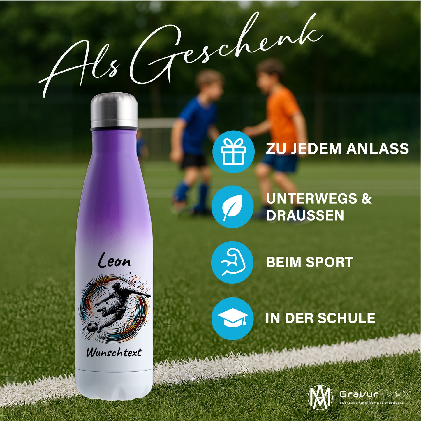 Thermoflasche 500ml in Weiß/Violett aus Edelstahl bedruckt "Fußball" Motiv1 personalisierbar mit Wunschname & Text