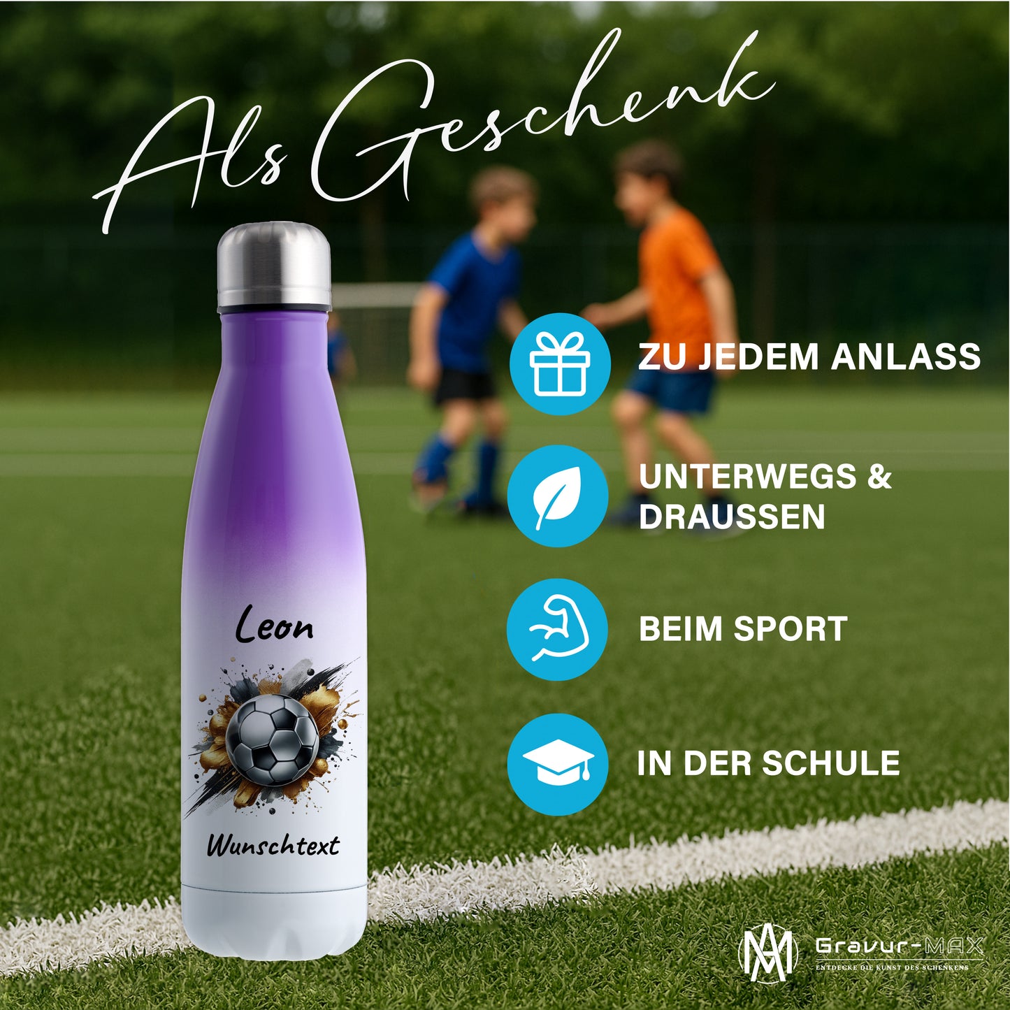 Thermoflasche 500ml in Weiß/Violett aus Edelstahl bedruckt "Fußball" Motiv13 personalisierbar mit Wunschname & Text