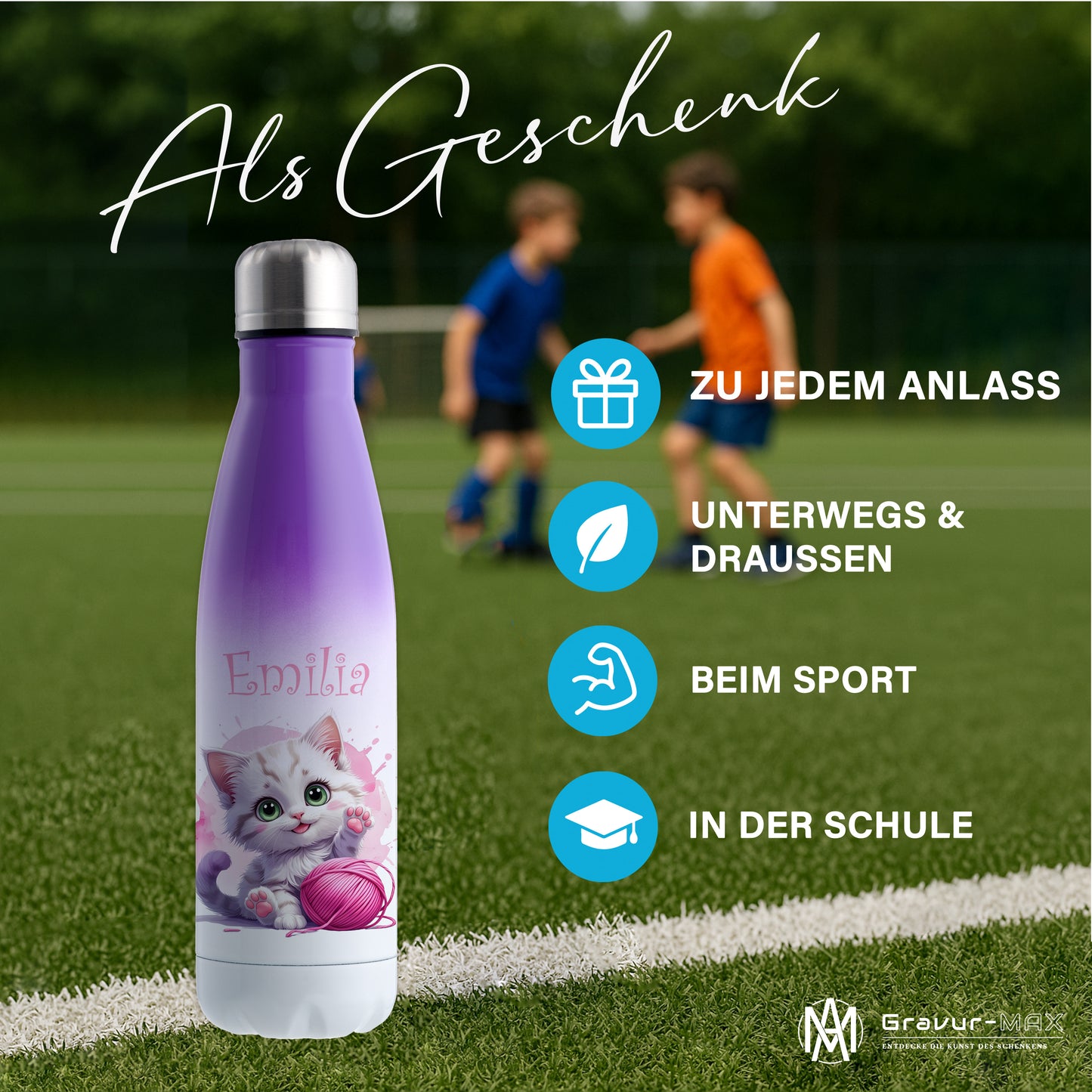 Trinkflasche in Weiß/Violett 500ml aus Edelstahl bedruckt mit niedlichen Tieren "Katze" personalisierbar für Kinder mit Wunschname