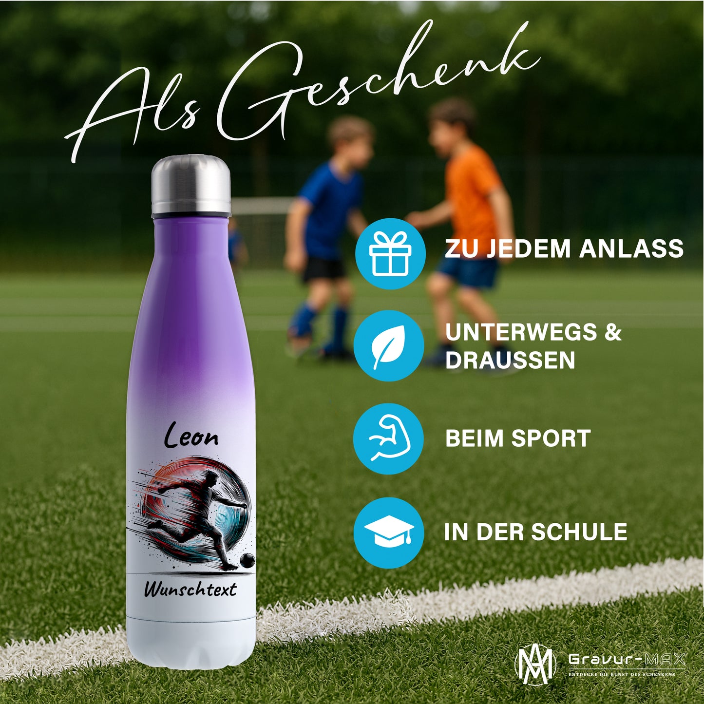 Thermoflasche 500ml in Weiß/Violett aus Edelstahl bedruckt "Fußball" Motiv3 personalisierbar mit Wunschname & Text